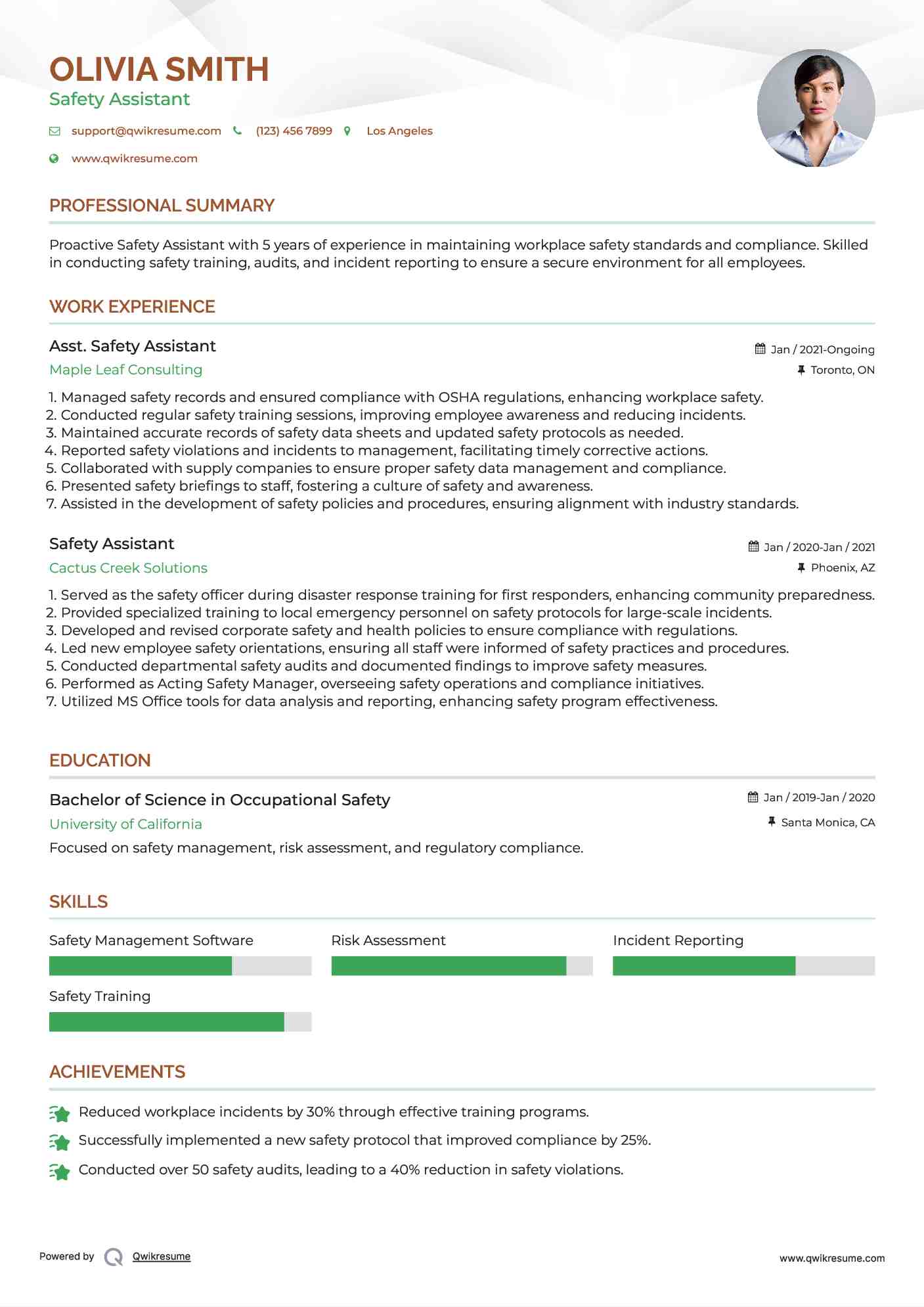 Safety Assistant Resume Samples QwikResume