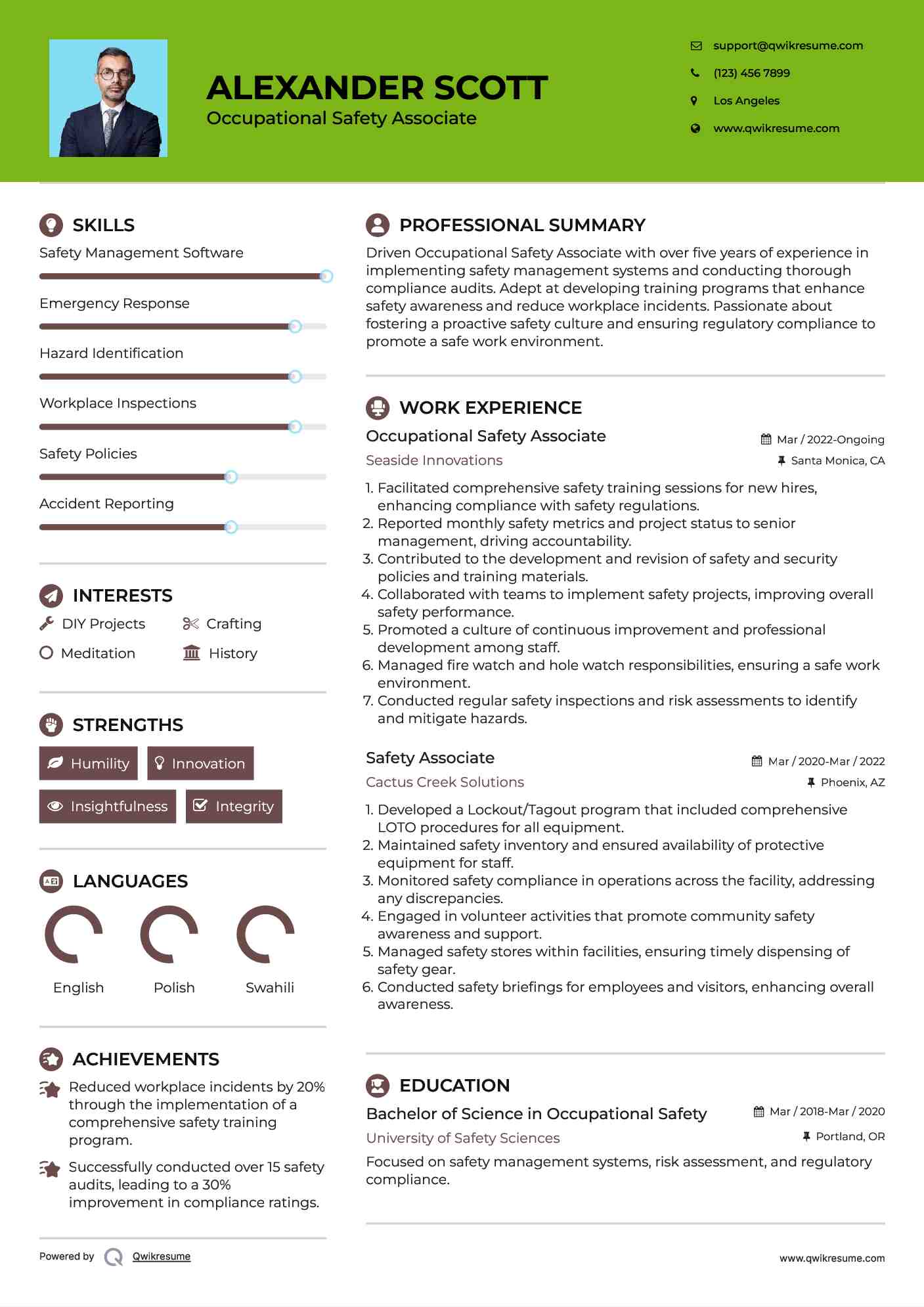 Occupational Safety Associate
 Resume Example