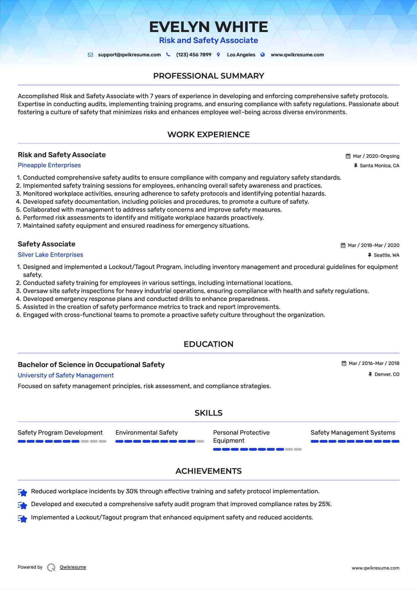 Risk and Safety Associate
 Resume Example