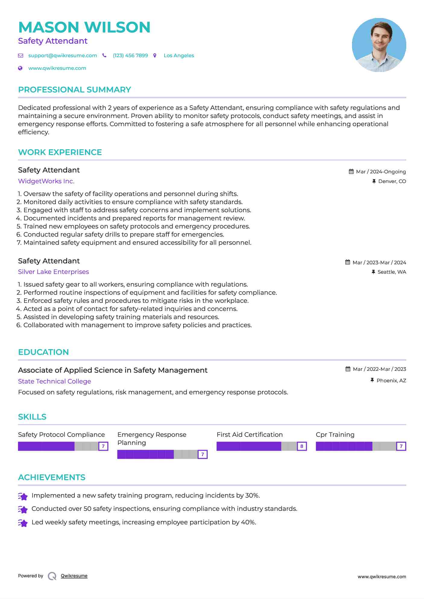 Safety Attendant Resume Sample