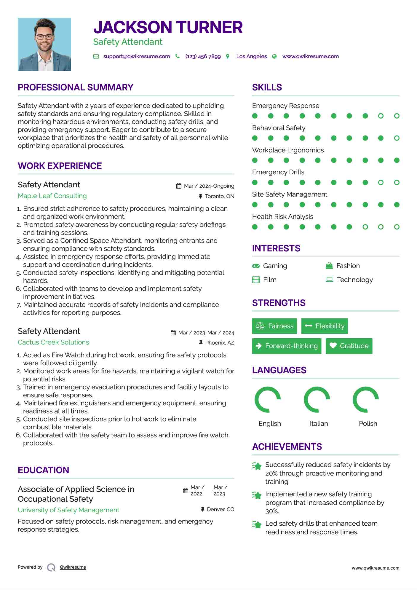 Safety Attendant Resume Example