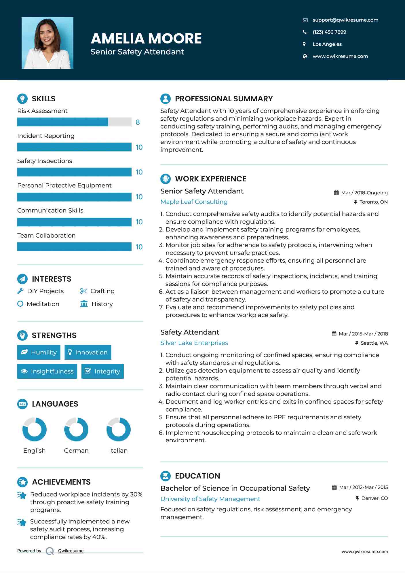 Senior Safety Attendant Resume Sample