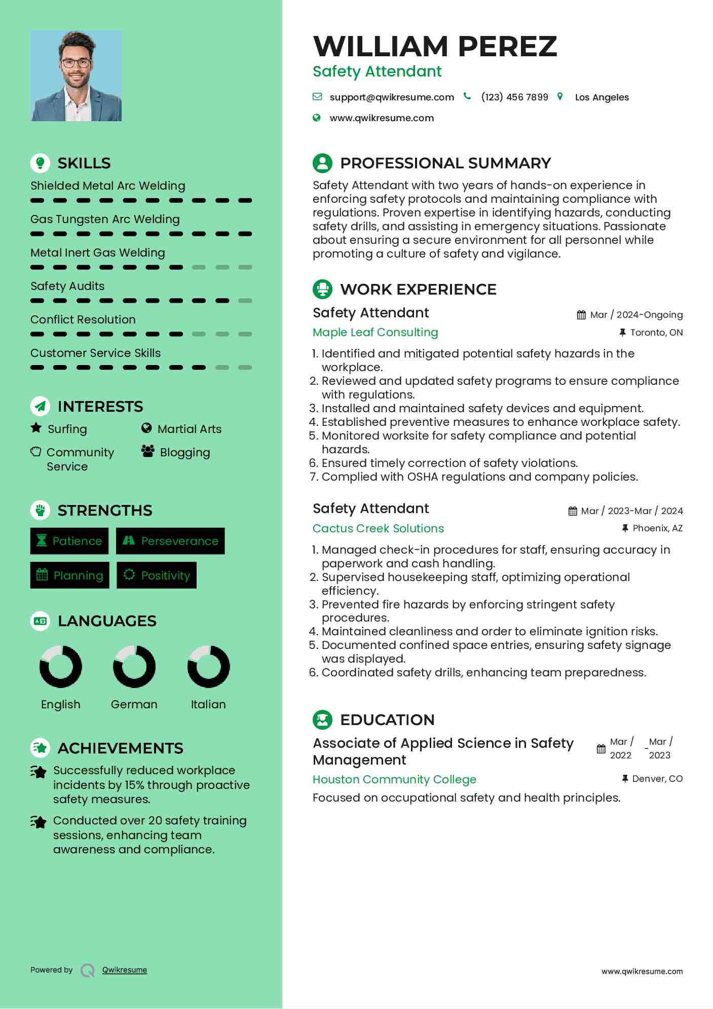 Safety Attendant Resume Format