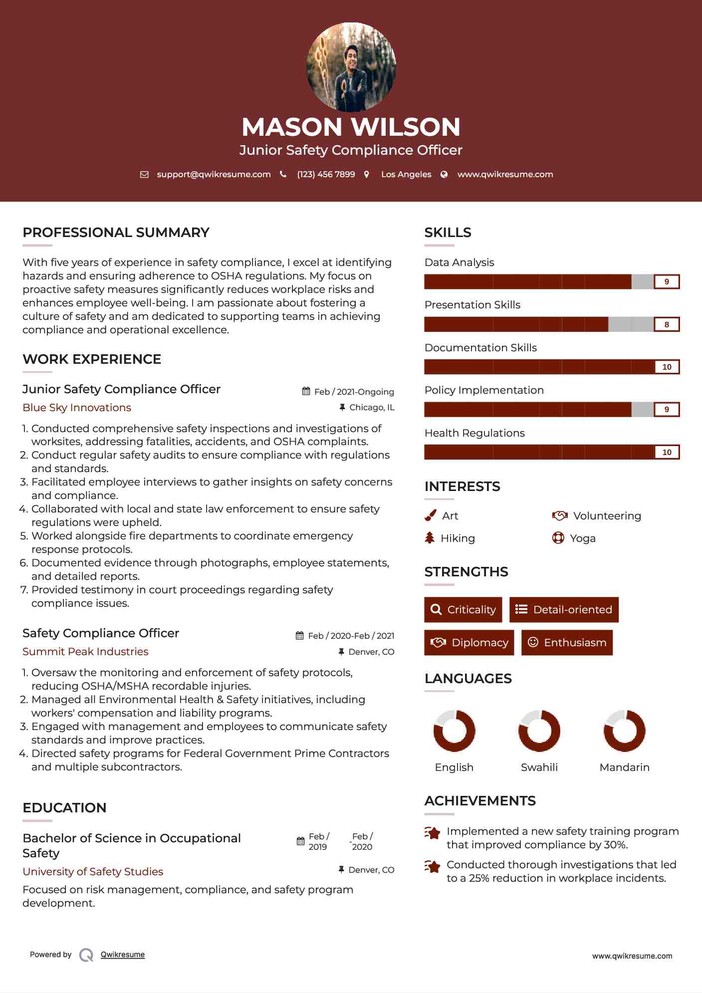 Junior Safety Compliance Officer Resume Sample