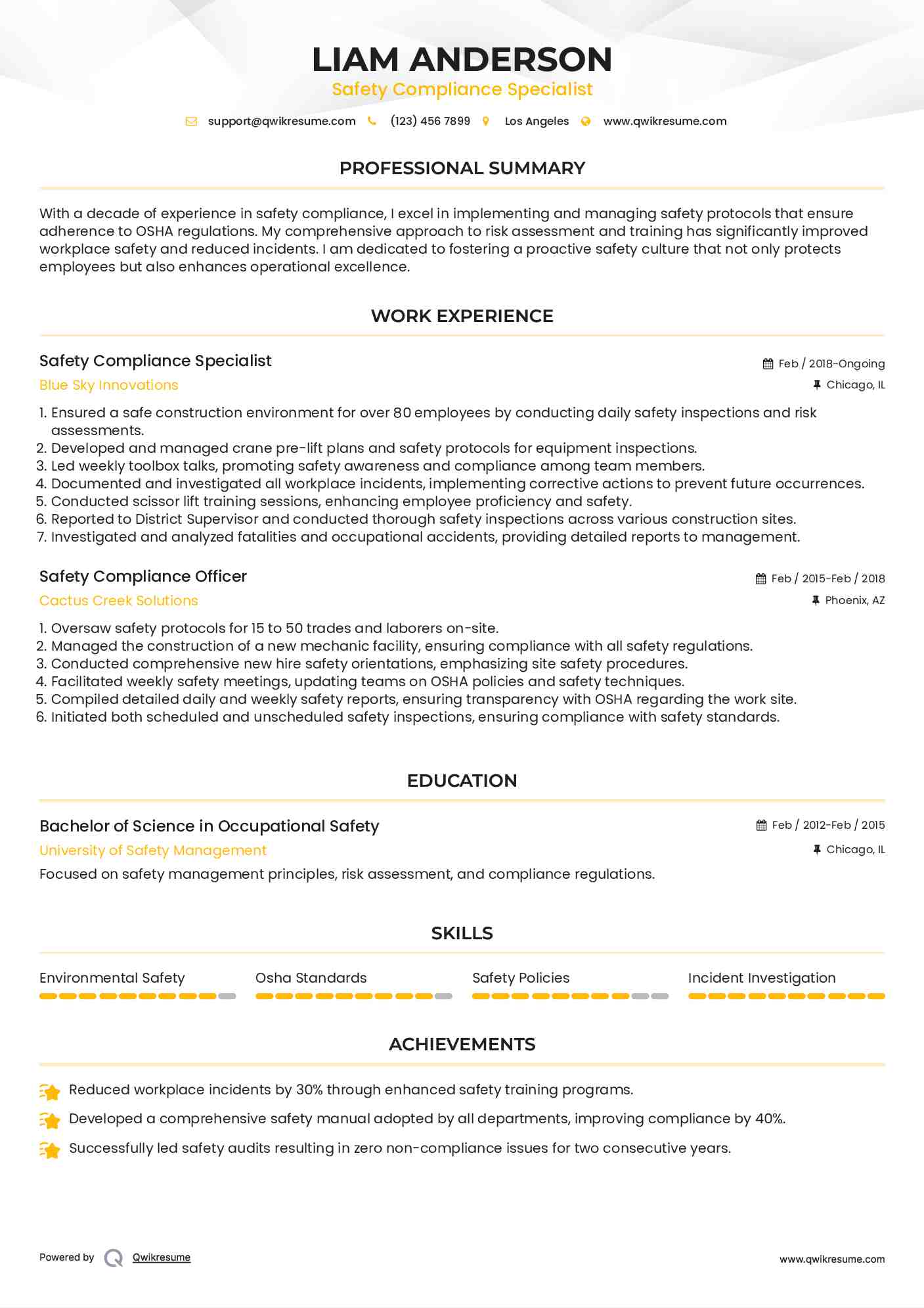 Safety Compliance Specialist Resume Template