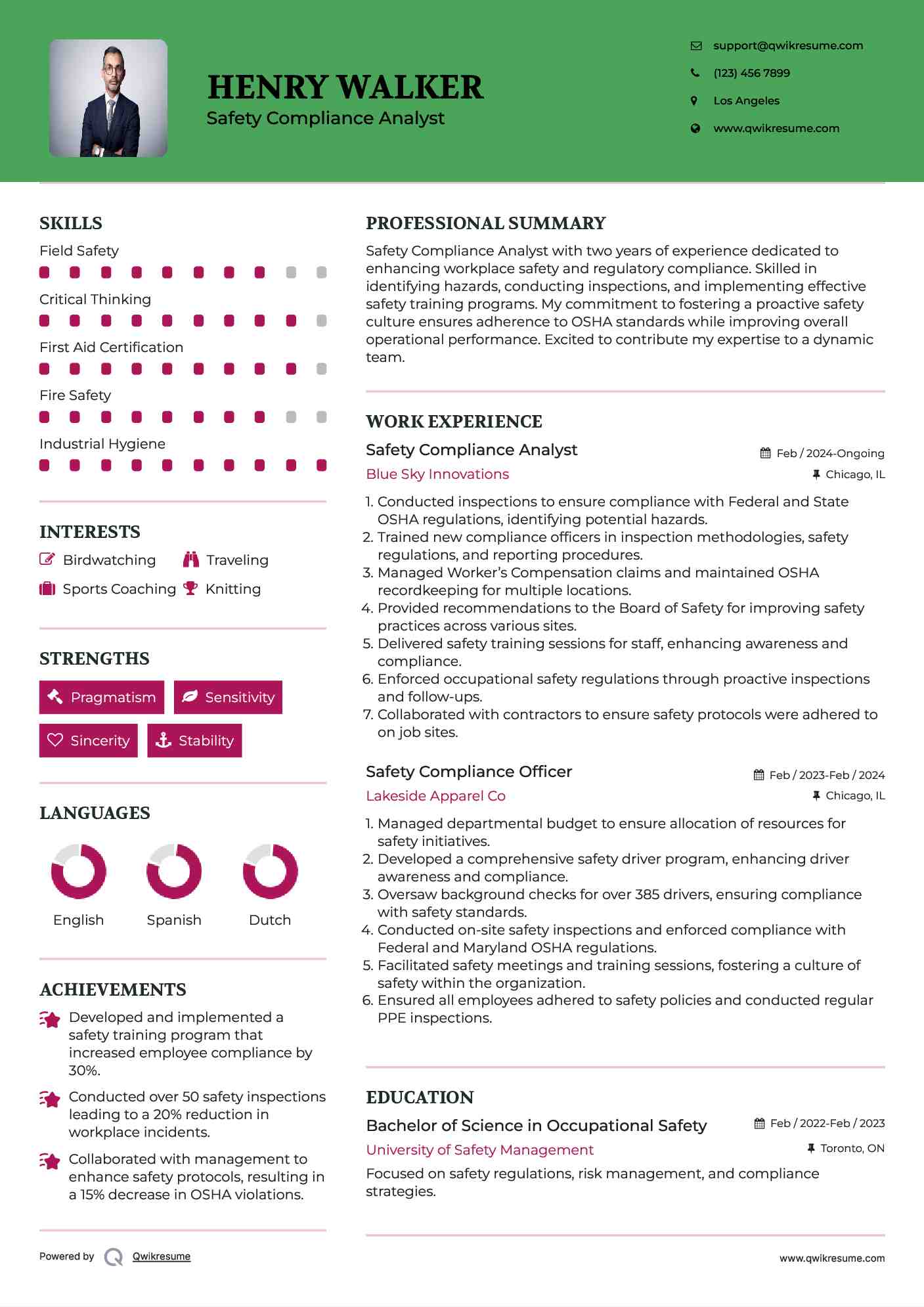 Safety Compliance Analyst Resume Model