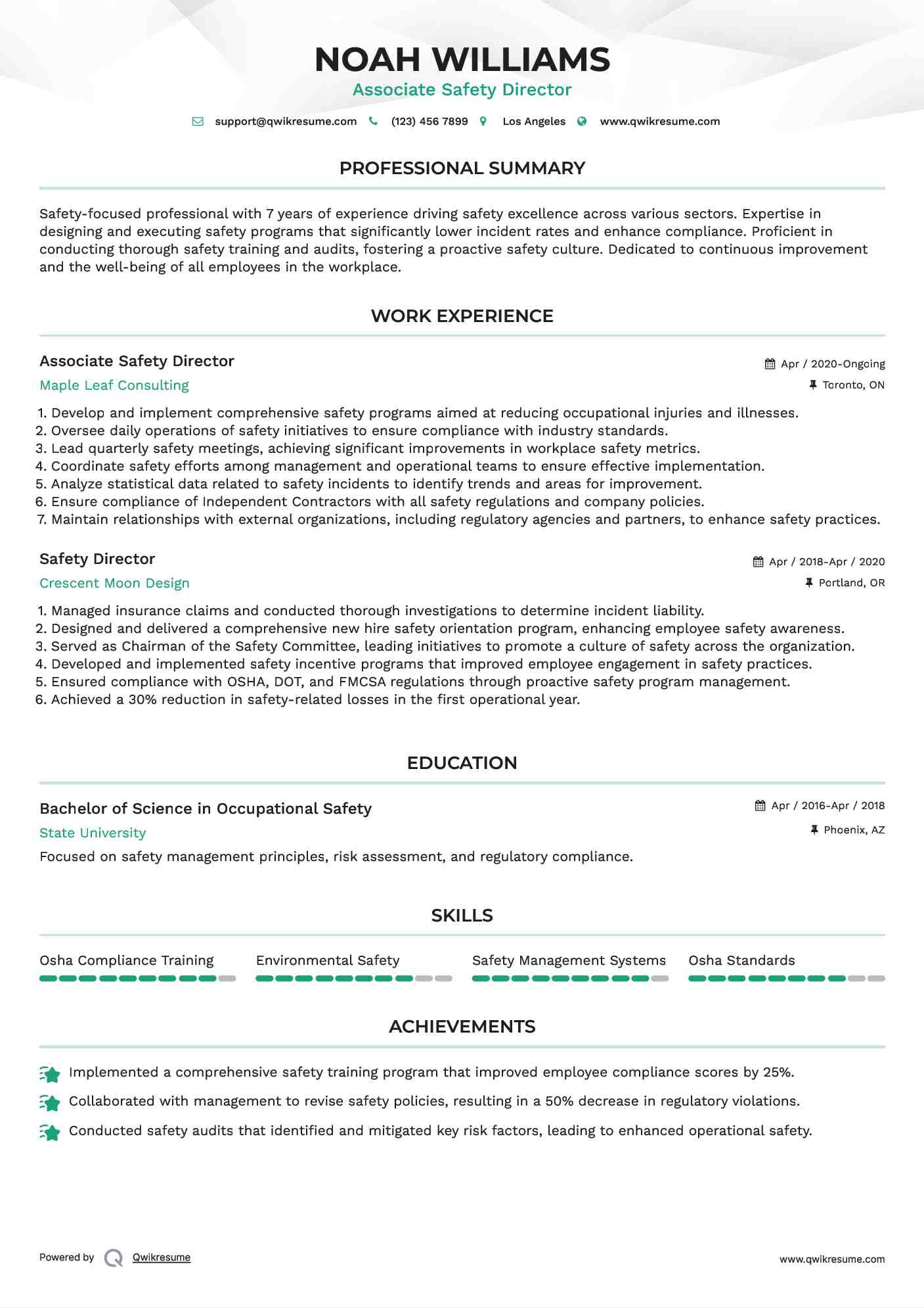 Associate Safety Director Resume Format