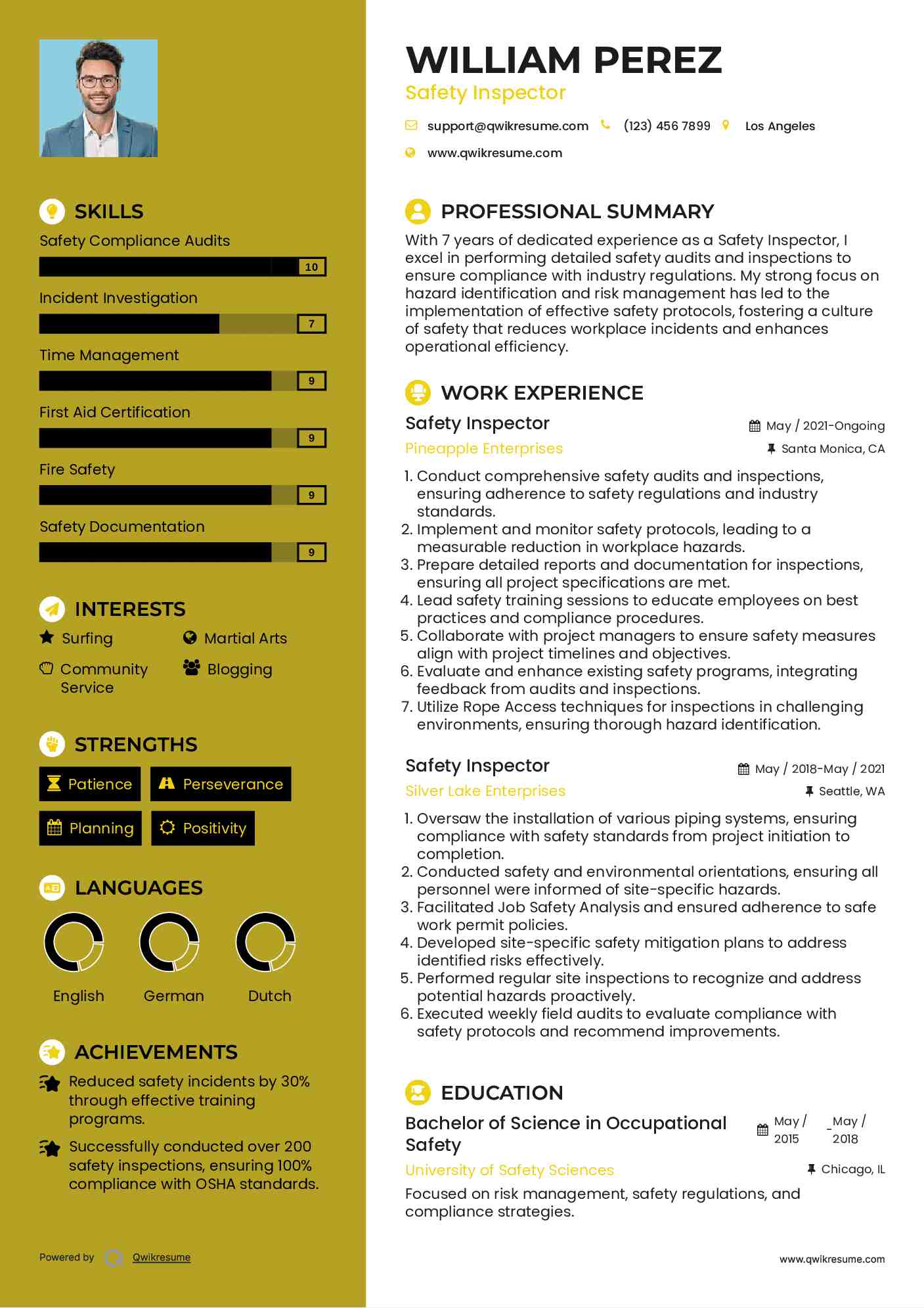 Safety Inspector Resume Example