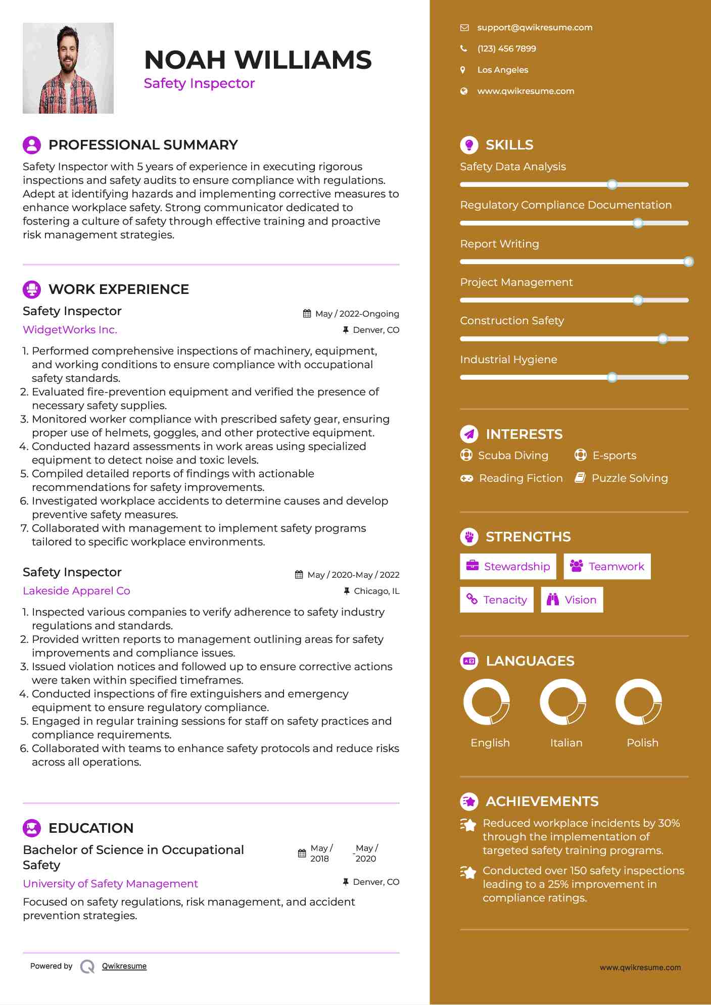 Safety Inspector Resume Sample