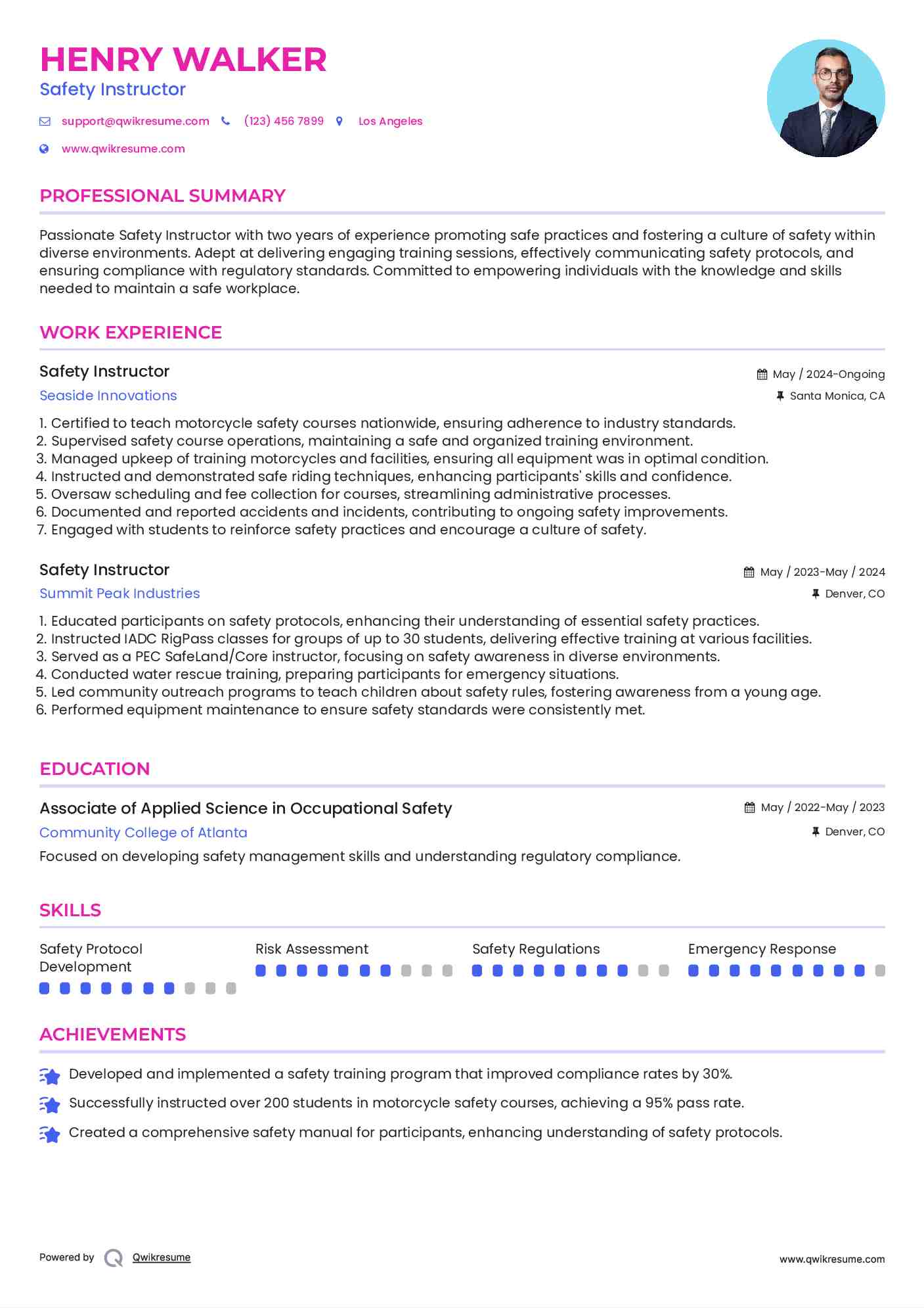 Safety Instructor Resume Sample