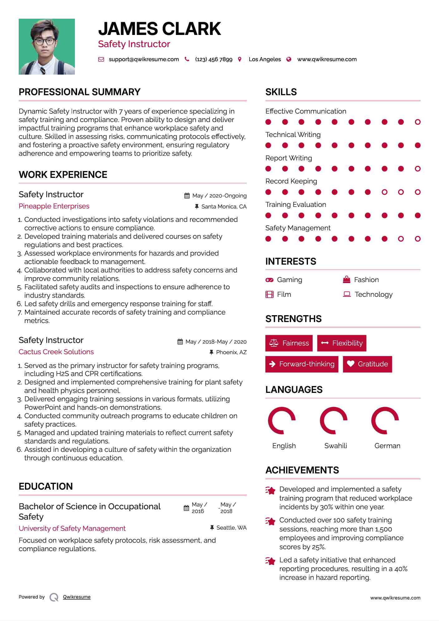 Safety Instructor Resume Samples QwikResume