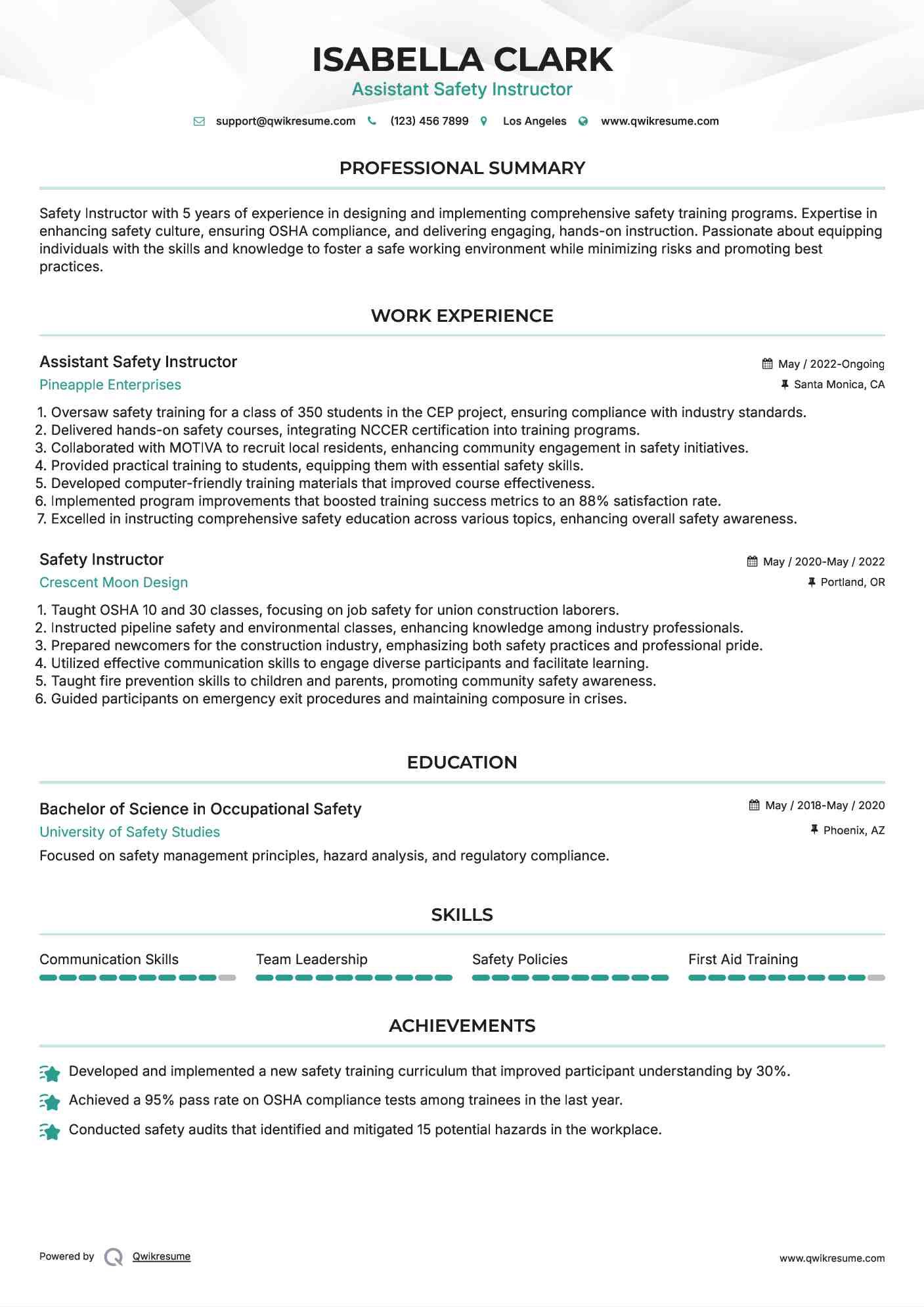 Assistant Safety Instructor Resume Model