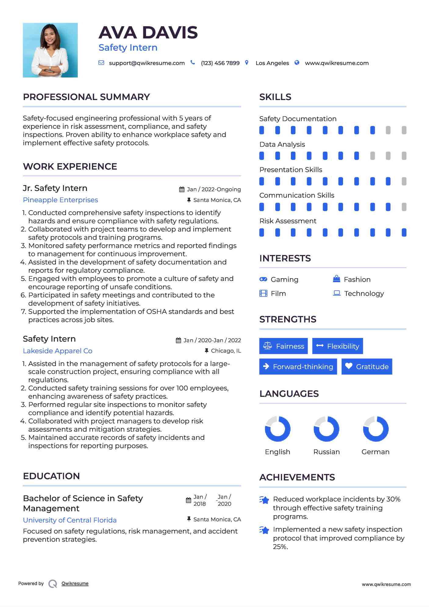 Jr. Safety Intern Resume Sample