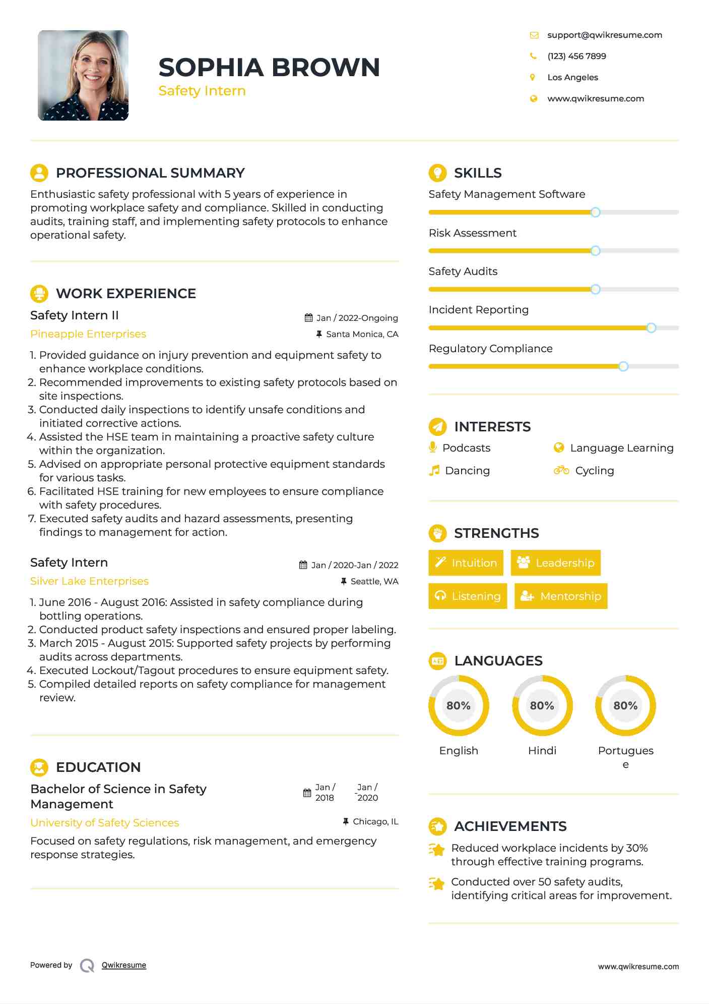 Safety Intern II Resume Template