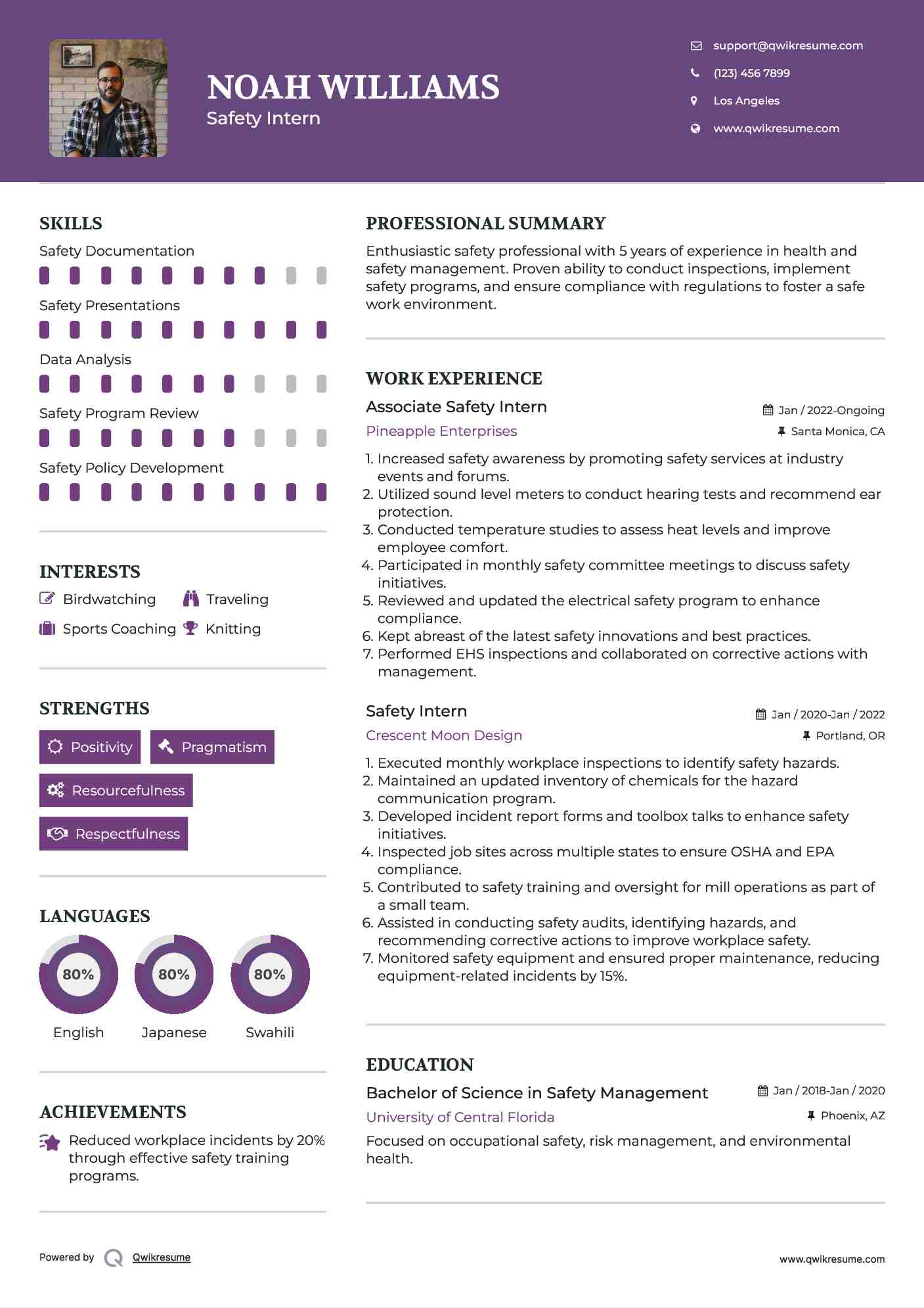 Associate Safety Intern Resume Sample