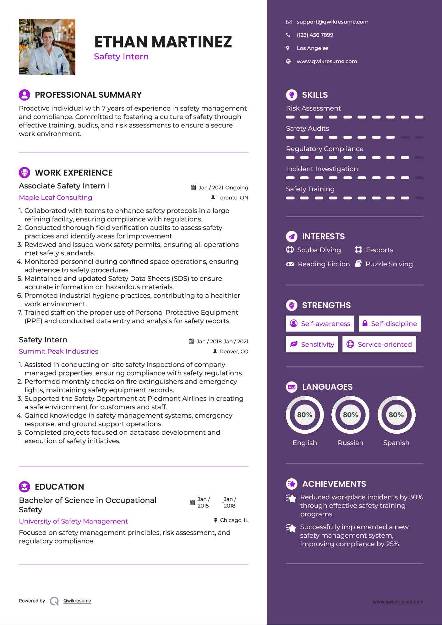 Associate Safety Intern I Resume Sample