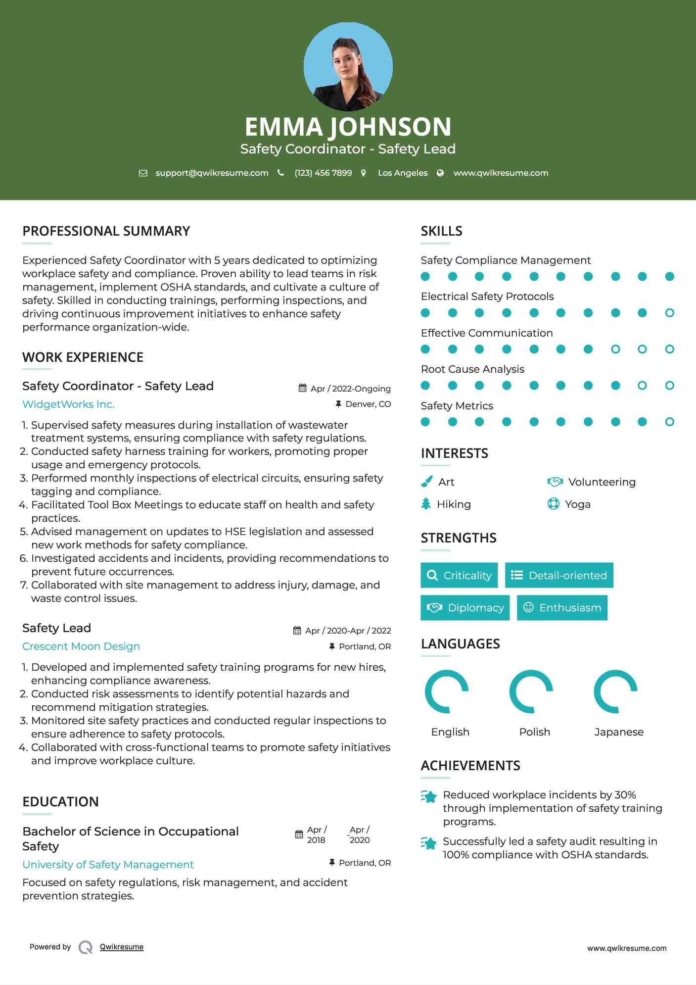 Safety Coordinator - Safety Lead Resume Format