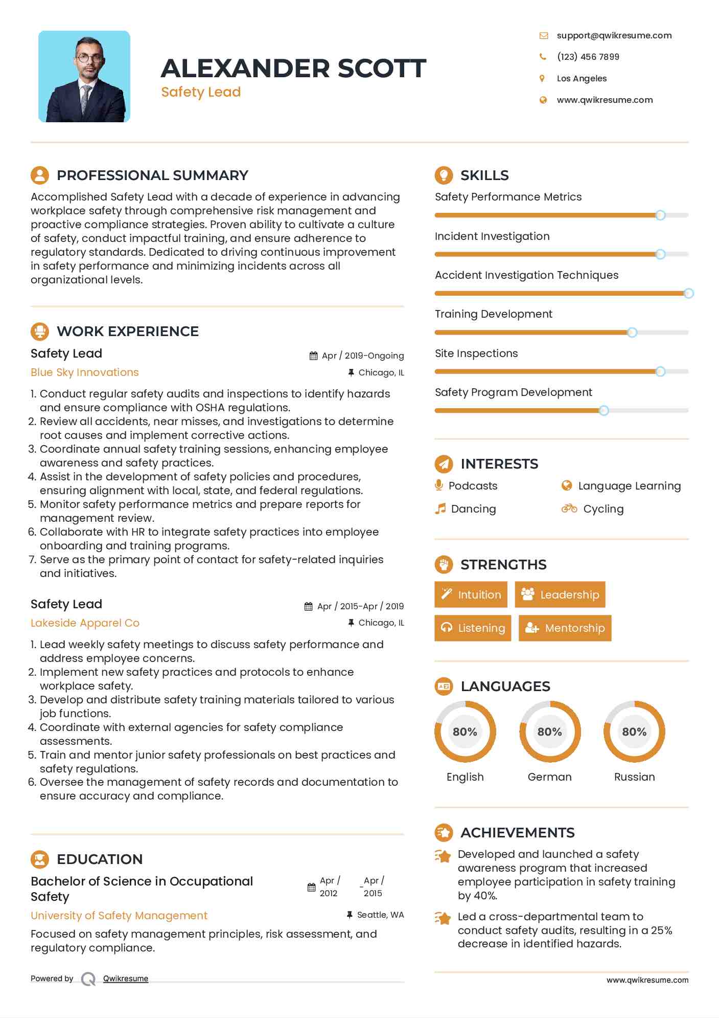 Safety Lead Resume Example