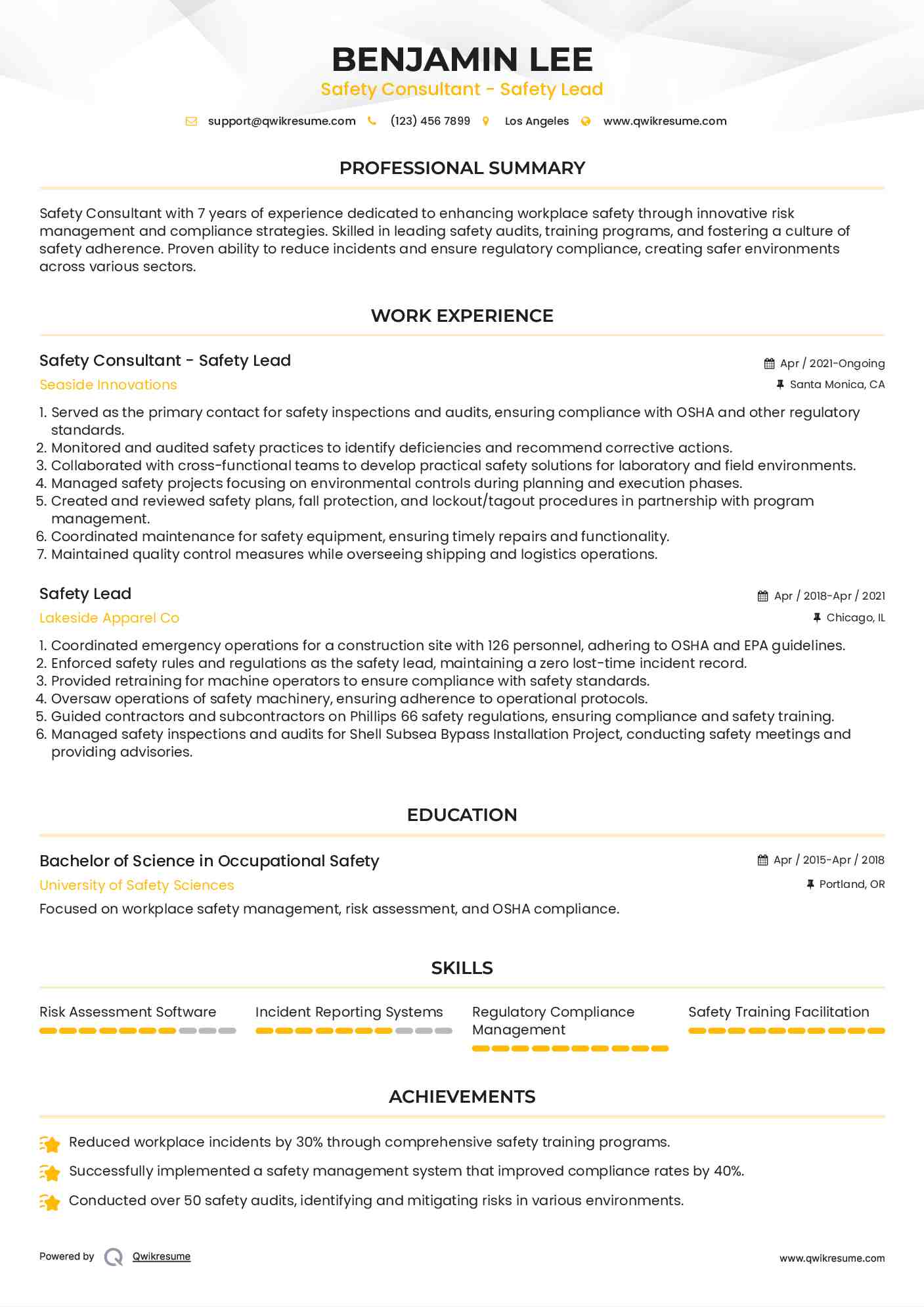 Safety Consultant - Safety Lead Resume Format