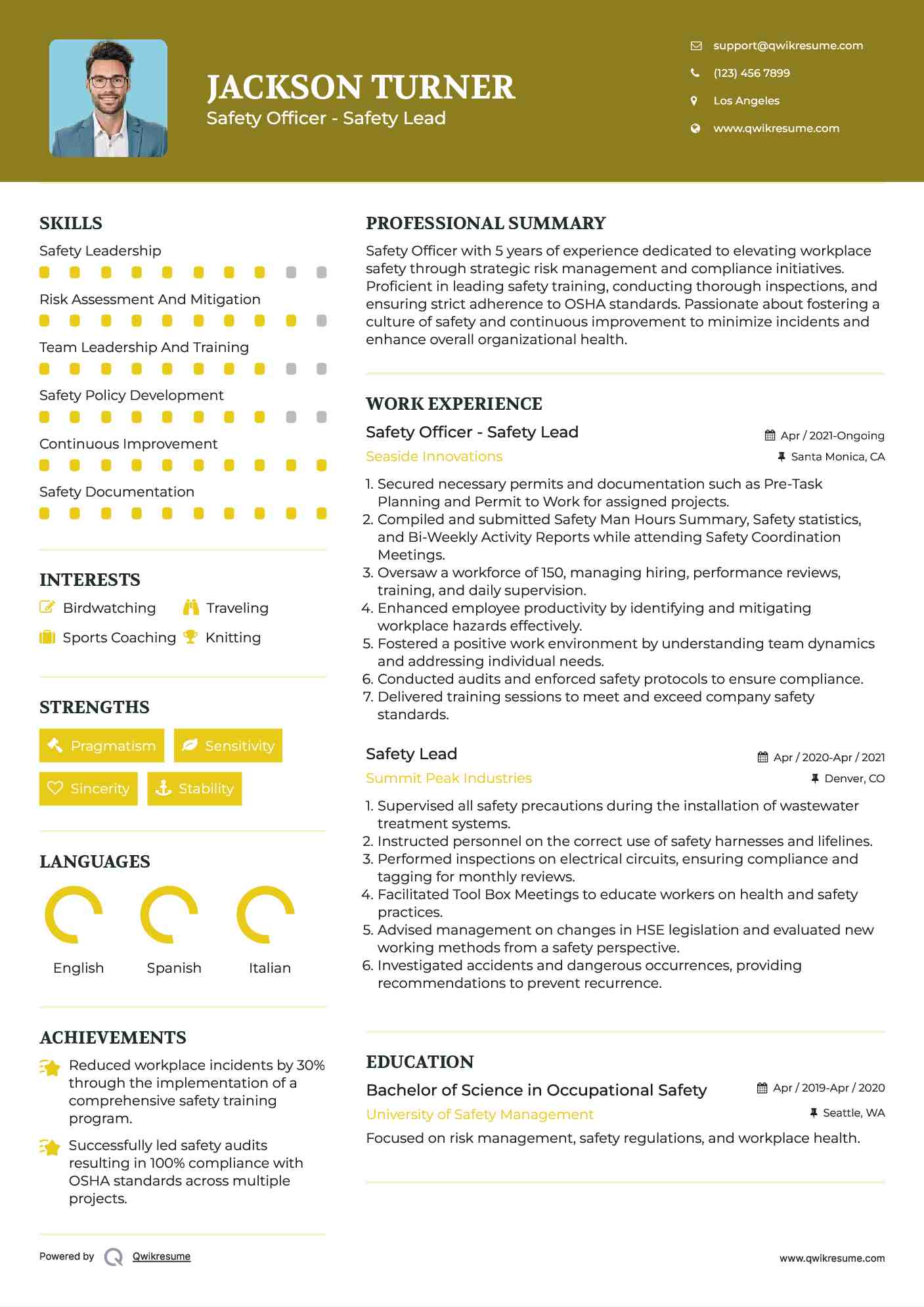 Safety Officer - Safety Lead Resume Example