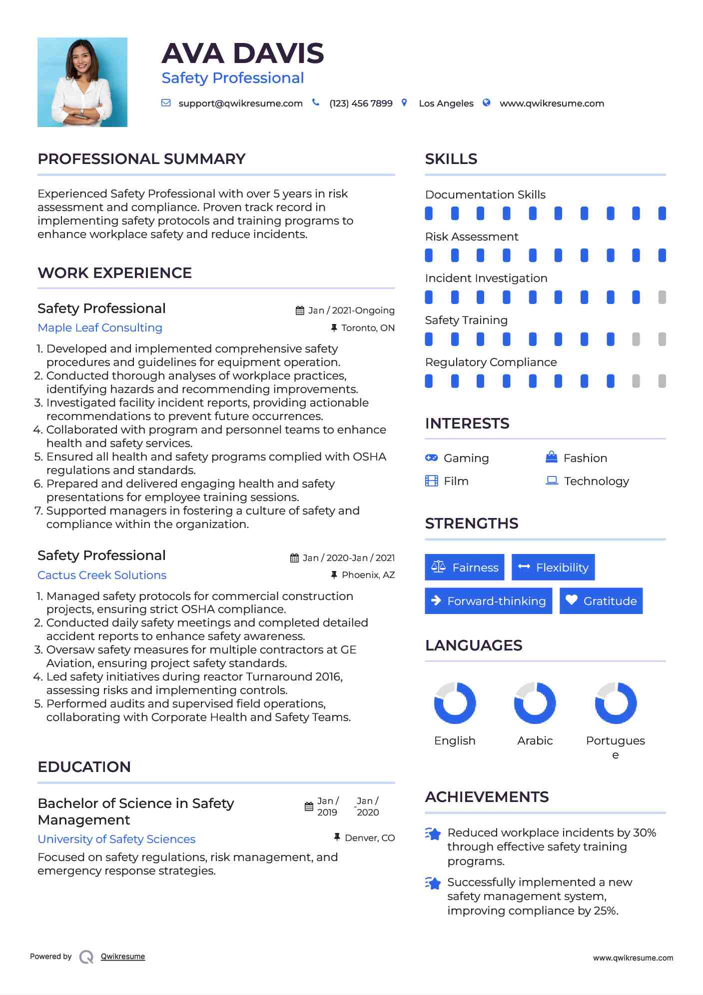 Safety Professional Resume Sample
