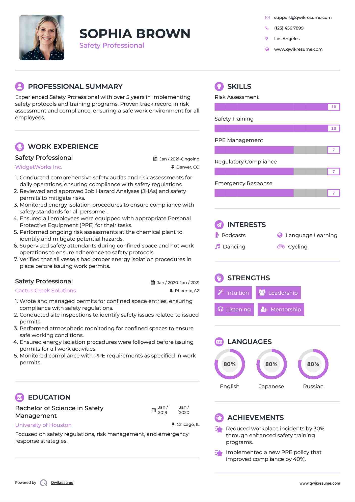 Safety Professional Resume Example