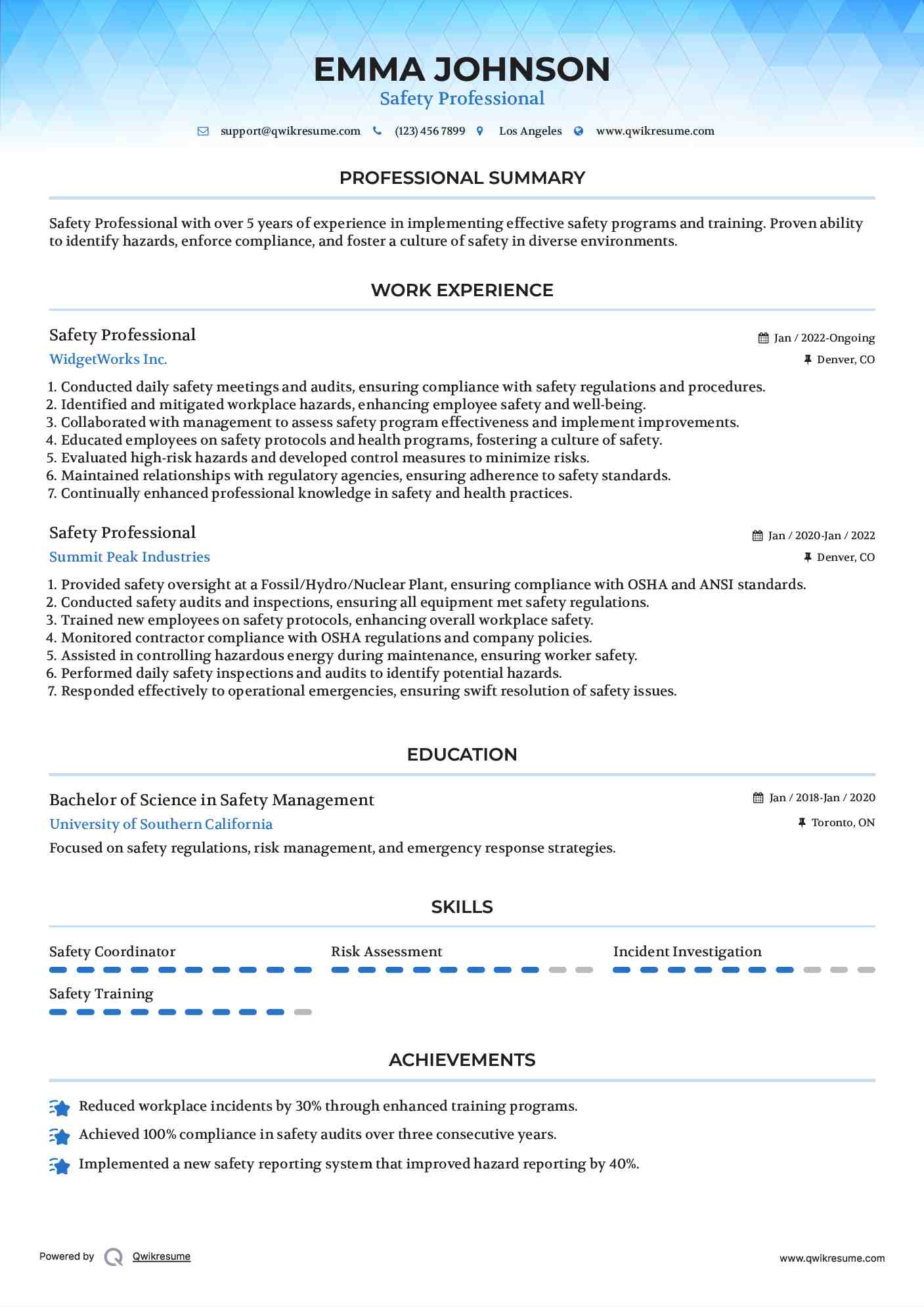 Safety Professional Resume Example
