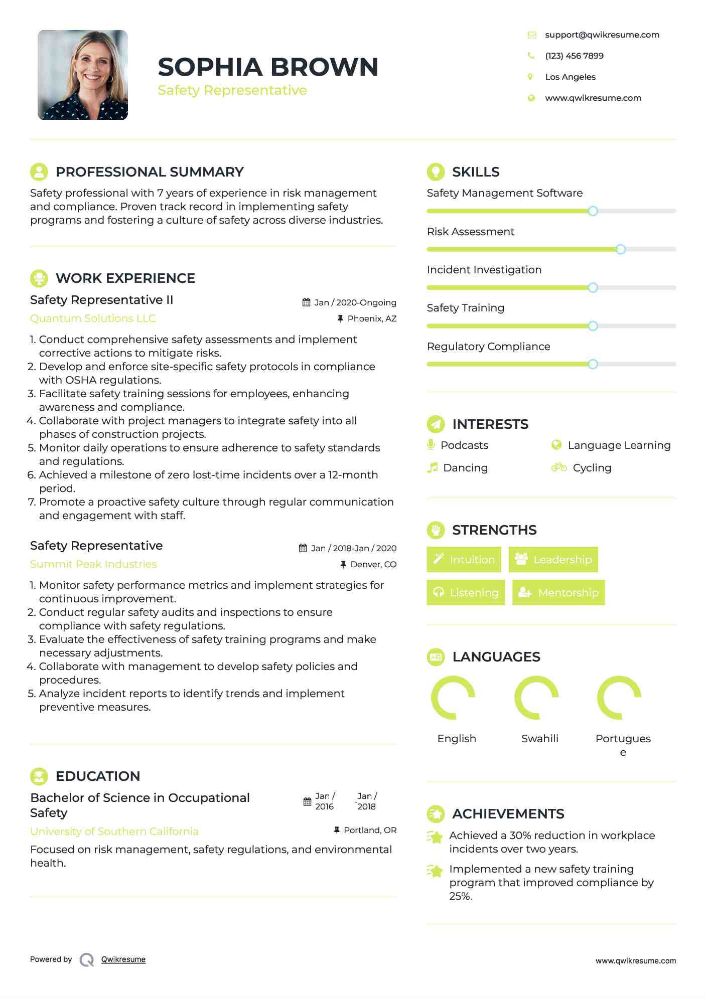 Safety Representative II Resume Sample