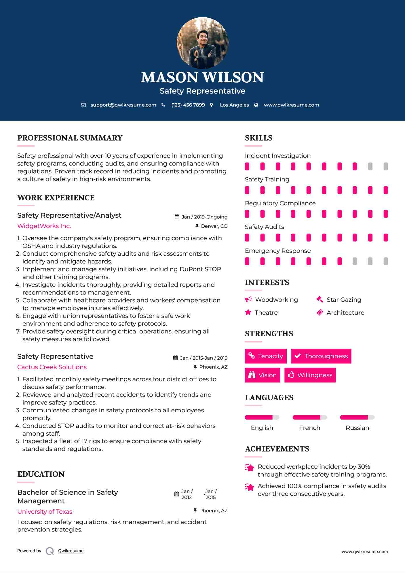 Safety Representative/Analyst Resume Example