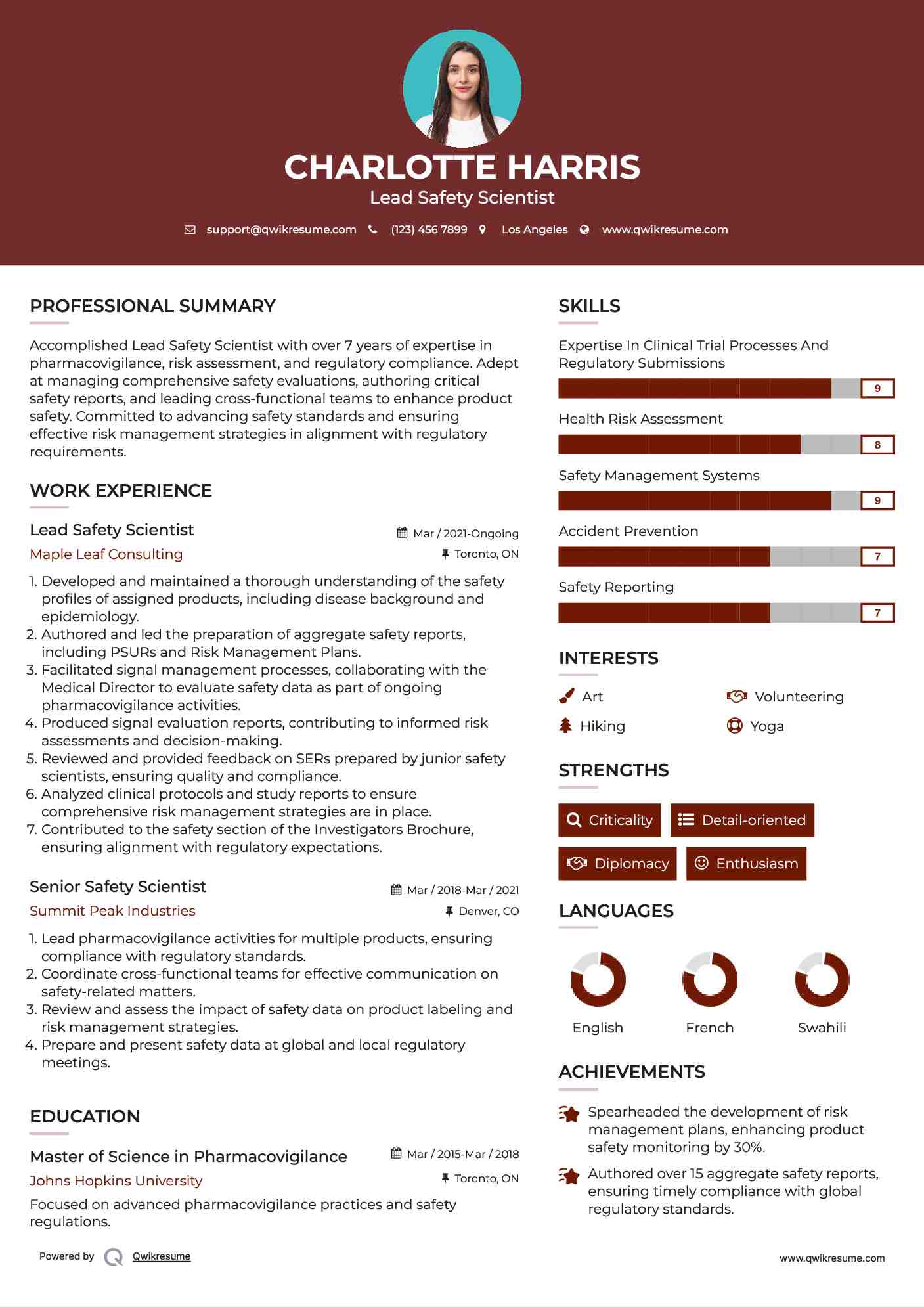 Lead Safety Scientist Resume Example