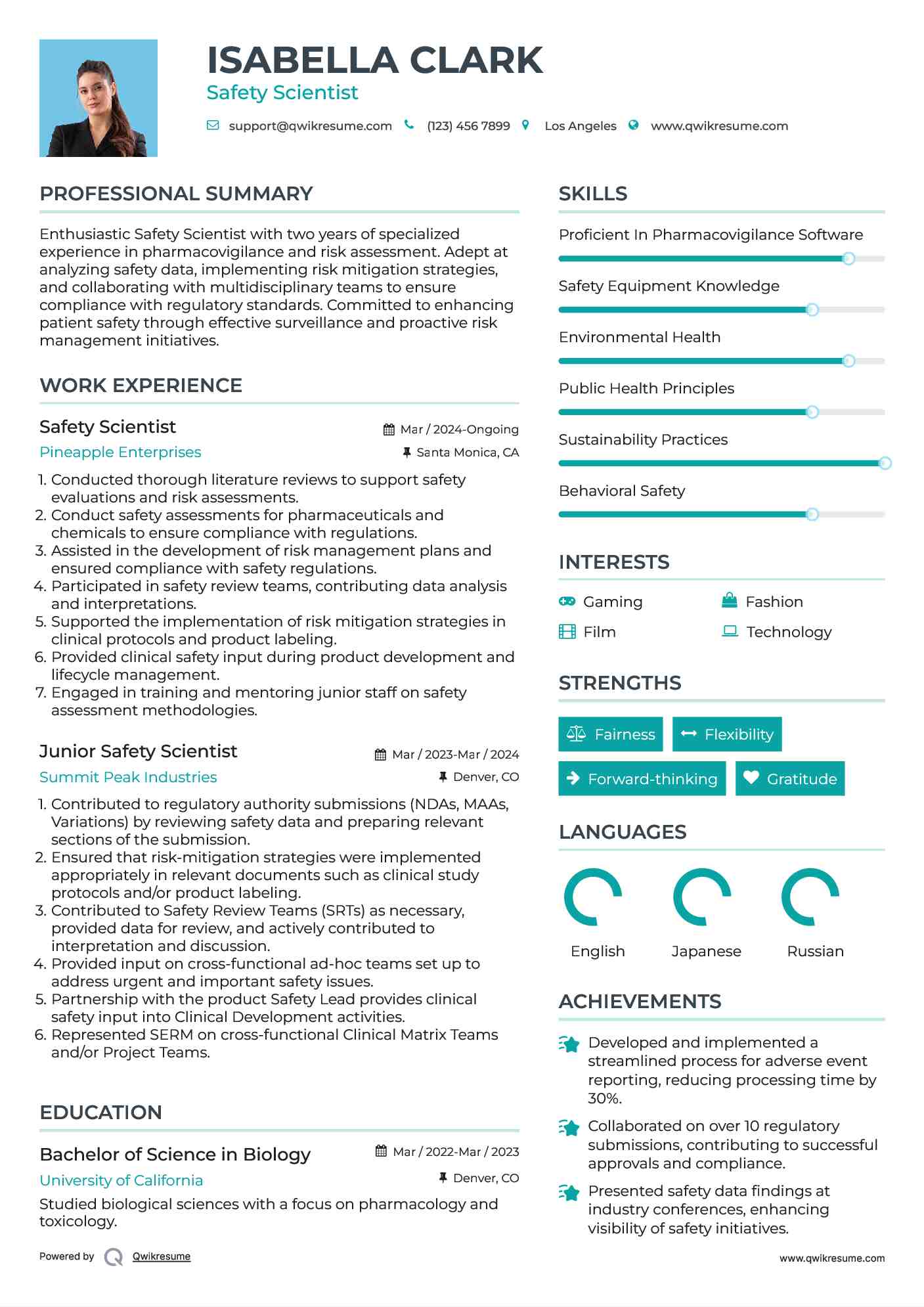 Safety Scientist Resume Format