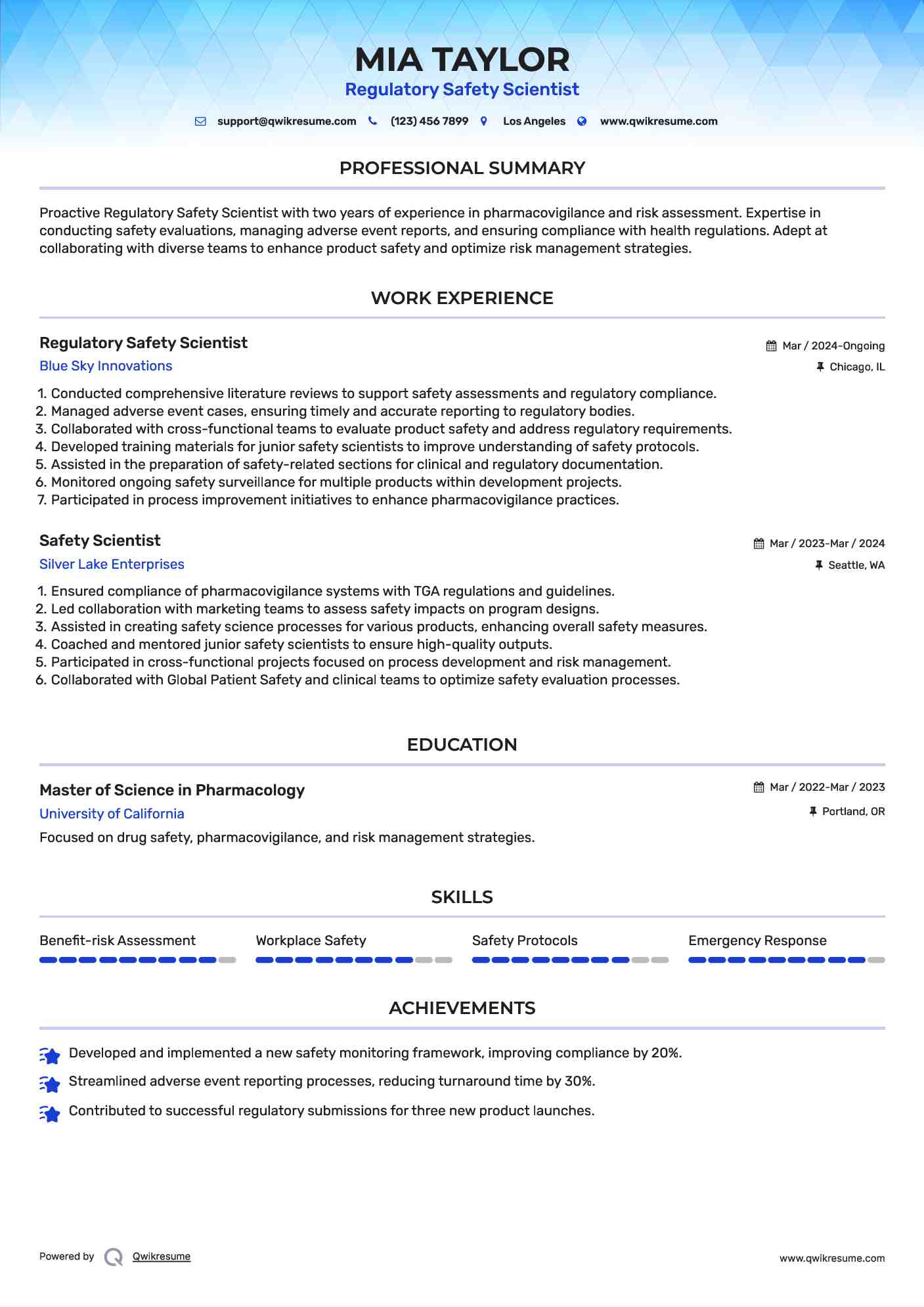 Regulatory Safety Scientist

 Resume Template
