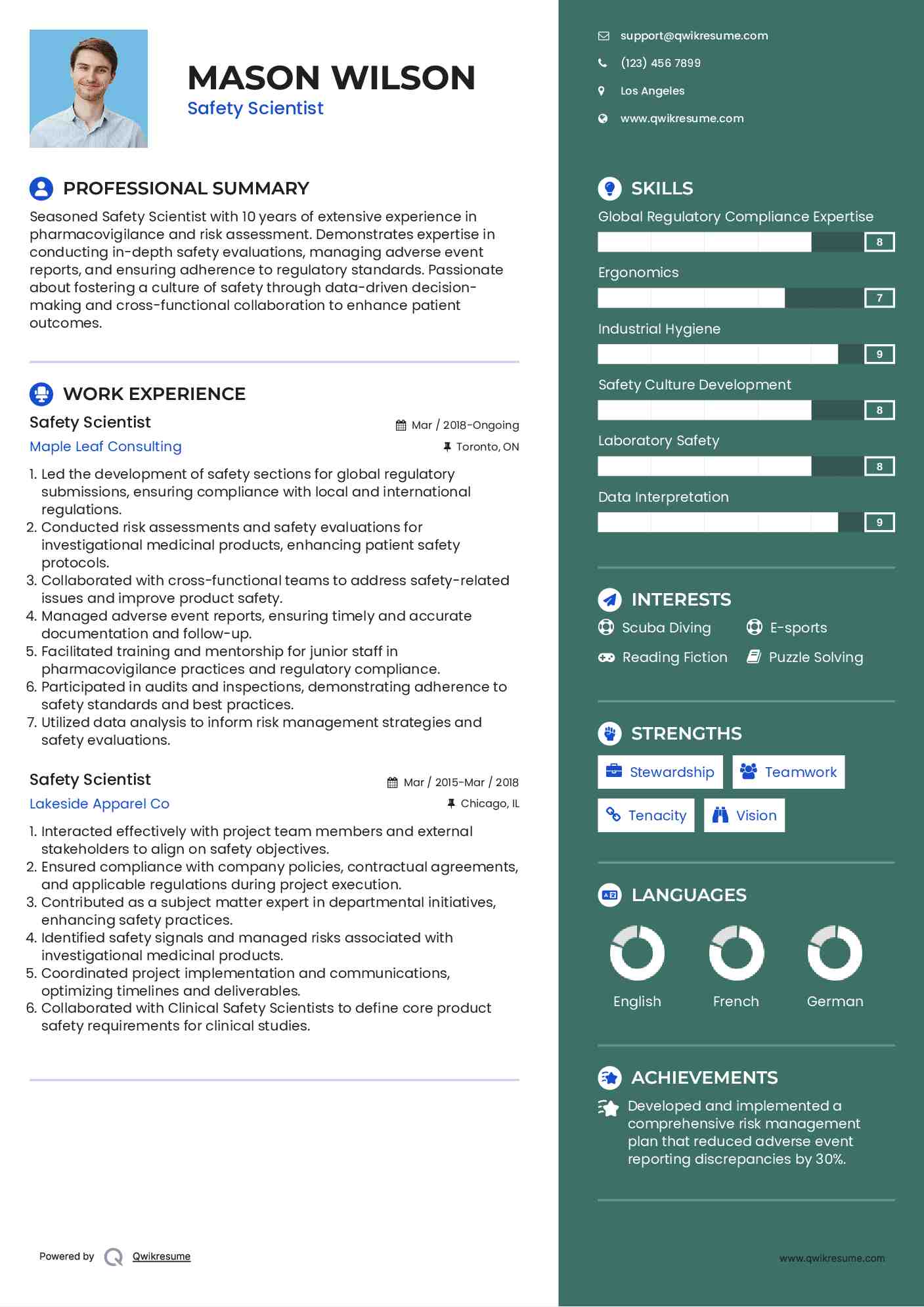 Safety Scientist Resume Model
