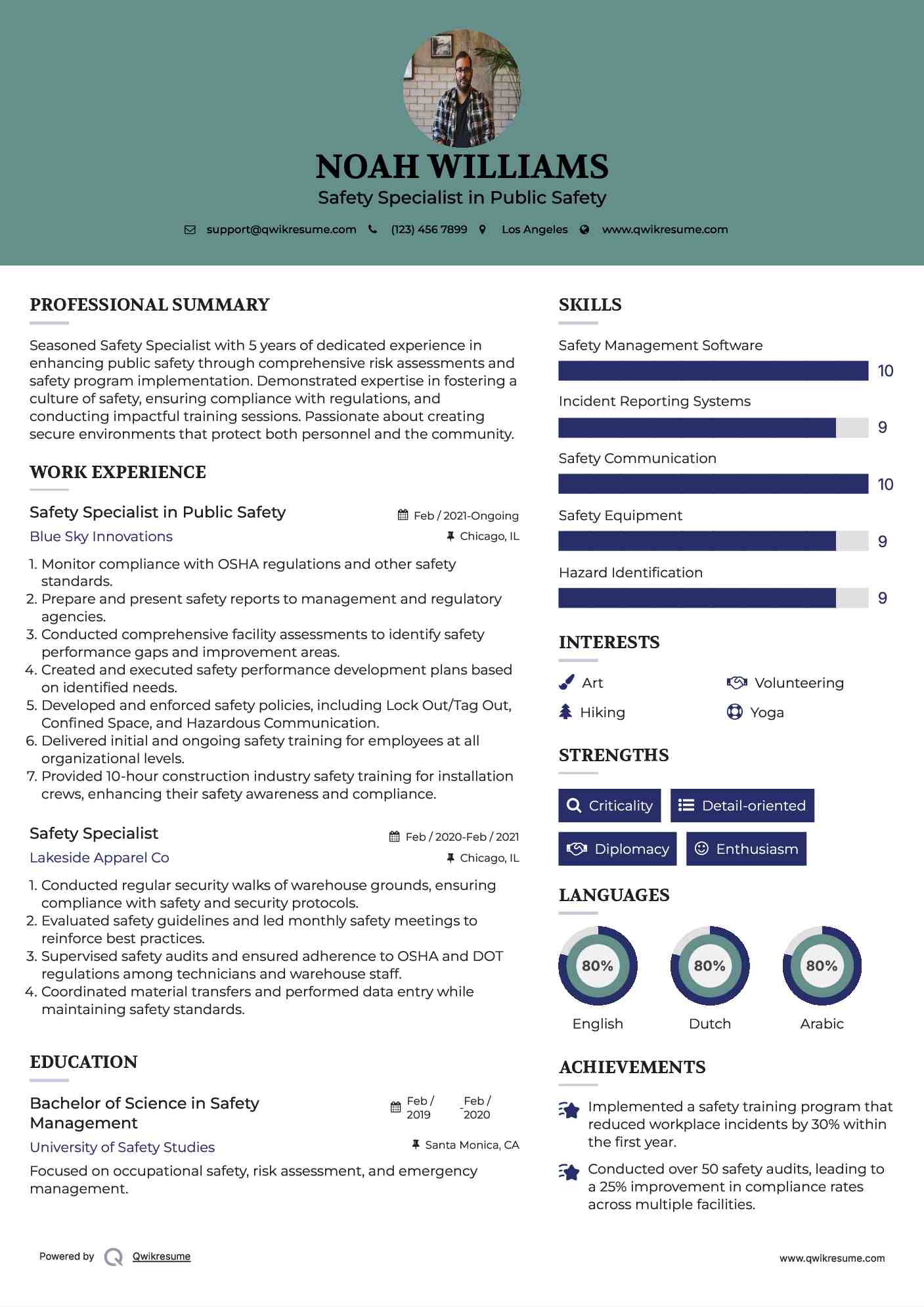 Safety Specialist in Public Safety Resume Example
