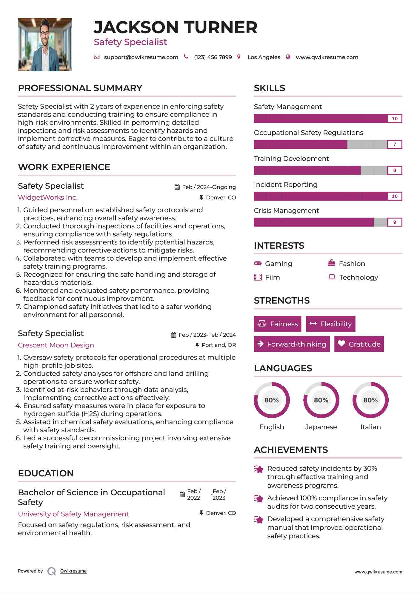 Safety Specialist Resume Sample