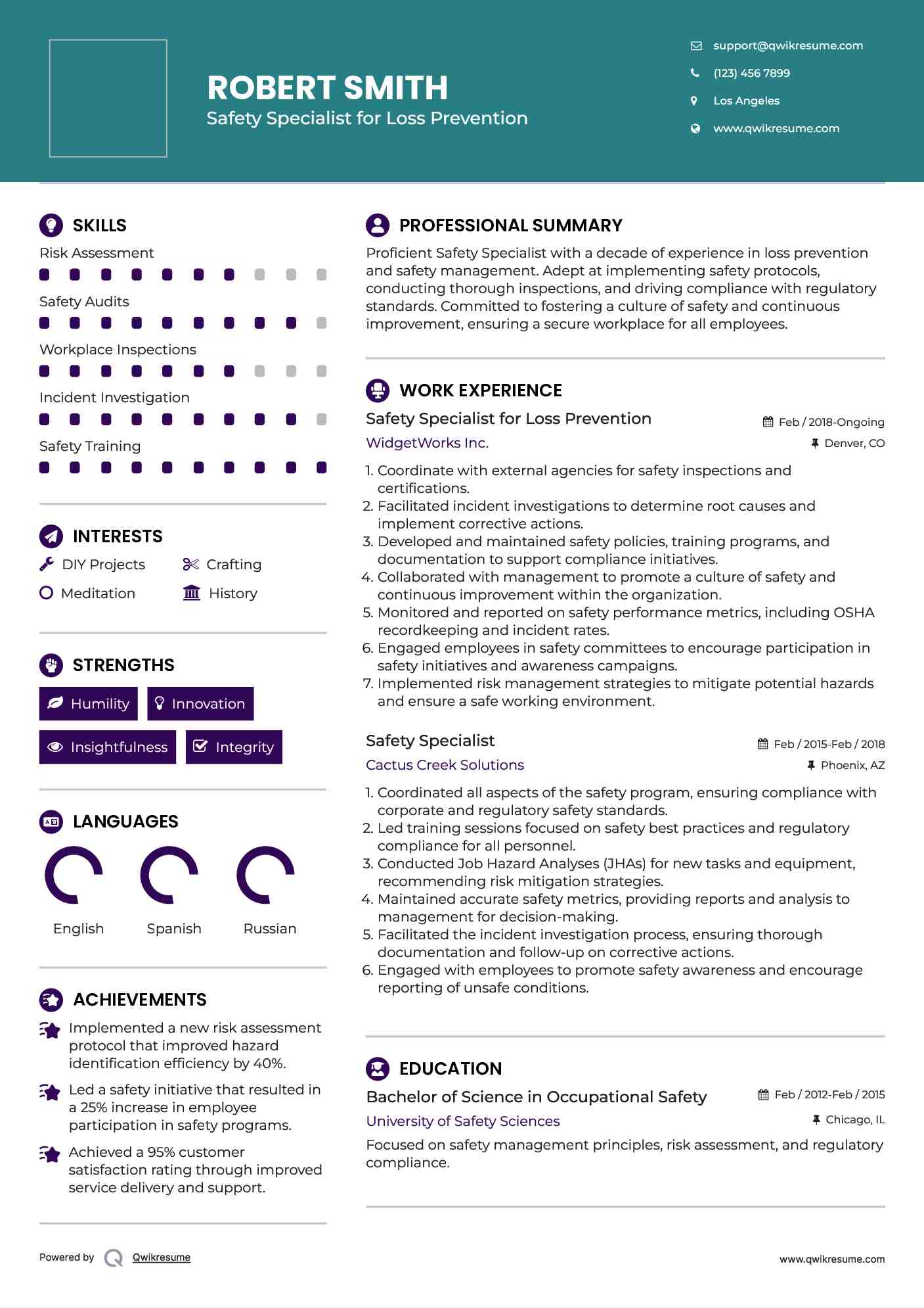 Safety Specialist for Loss Prevention Resume Format