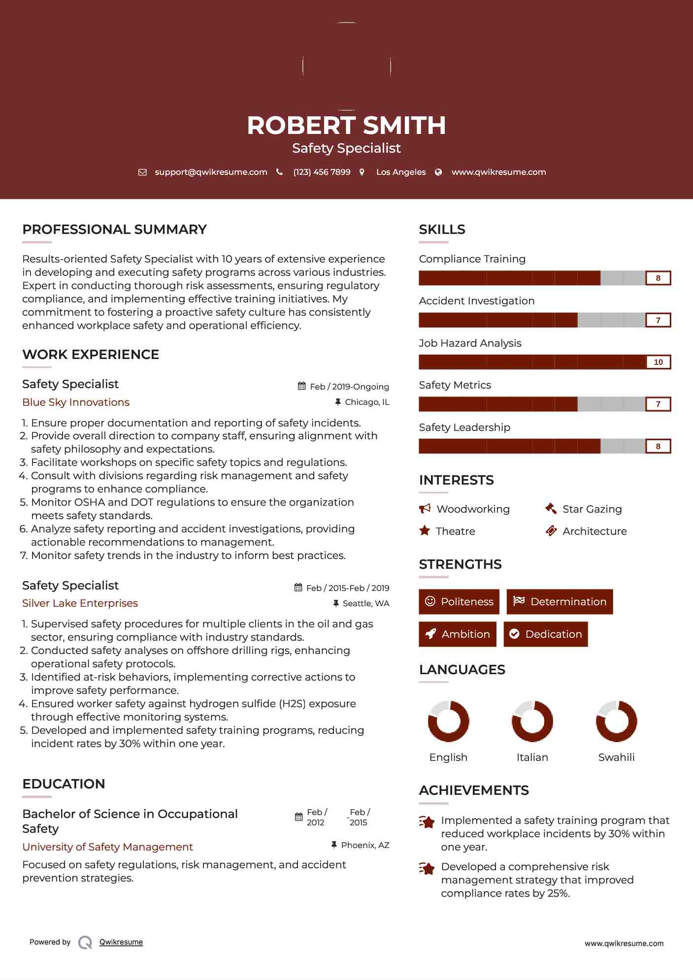 Safety Specialist Resume Example