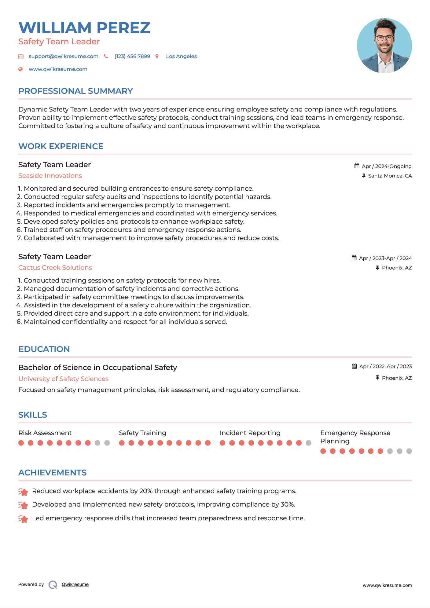Safety Team Leader Resume Sample