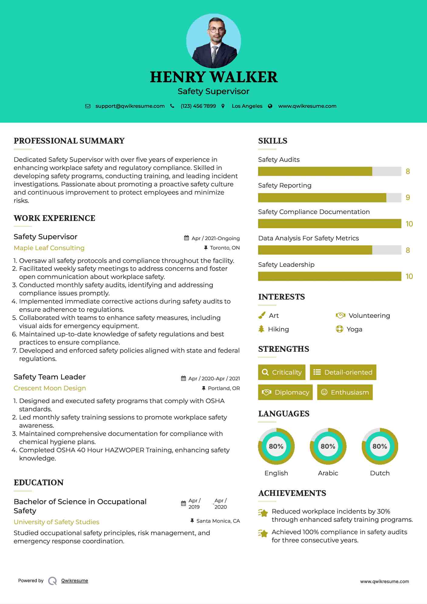 Safety Supervisor Resume Sample