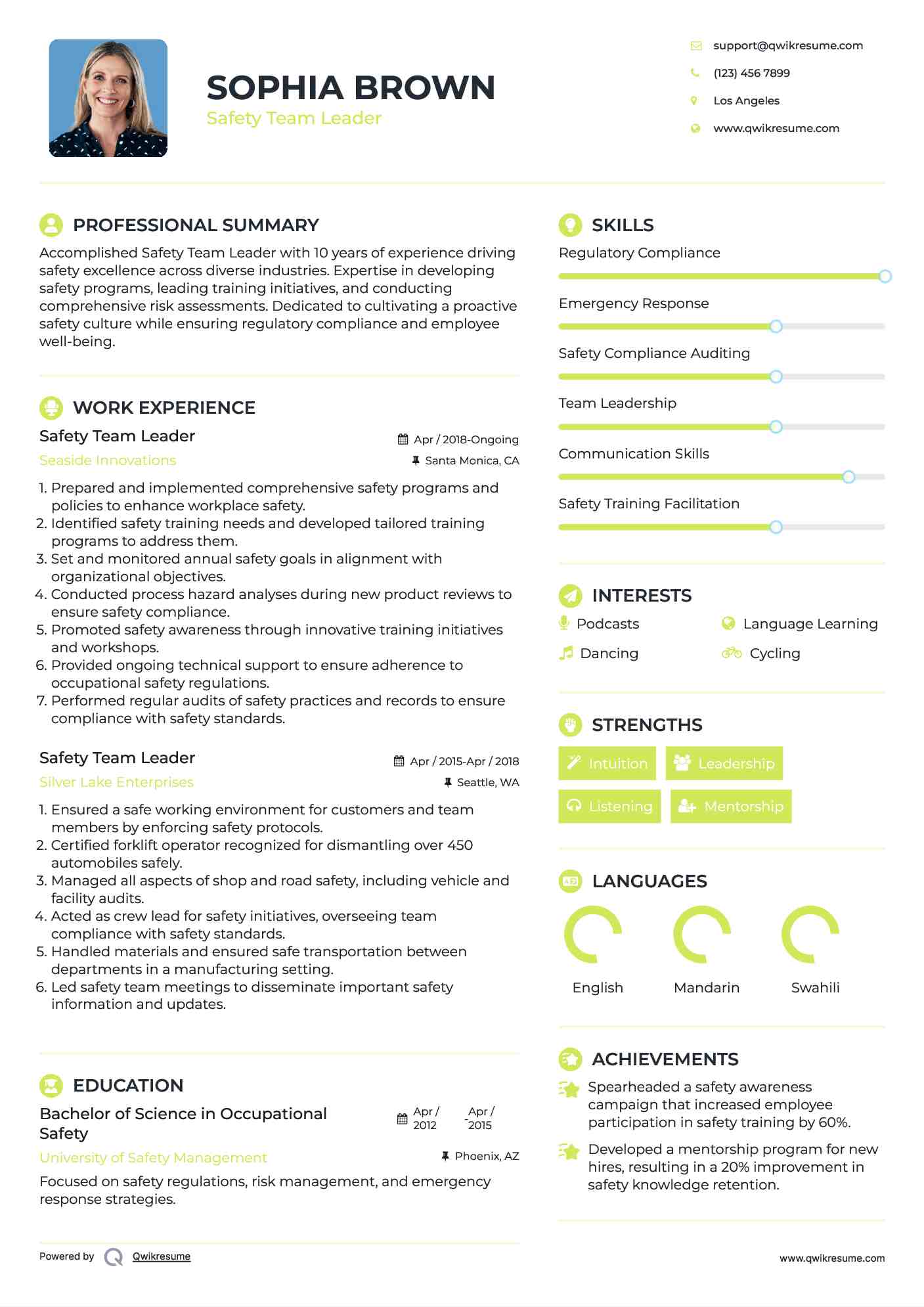 Safety Team Leader Resume Example