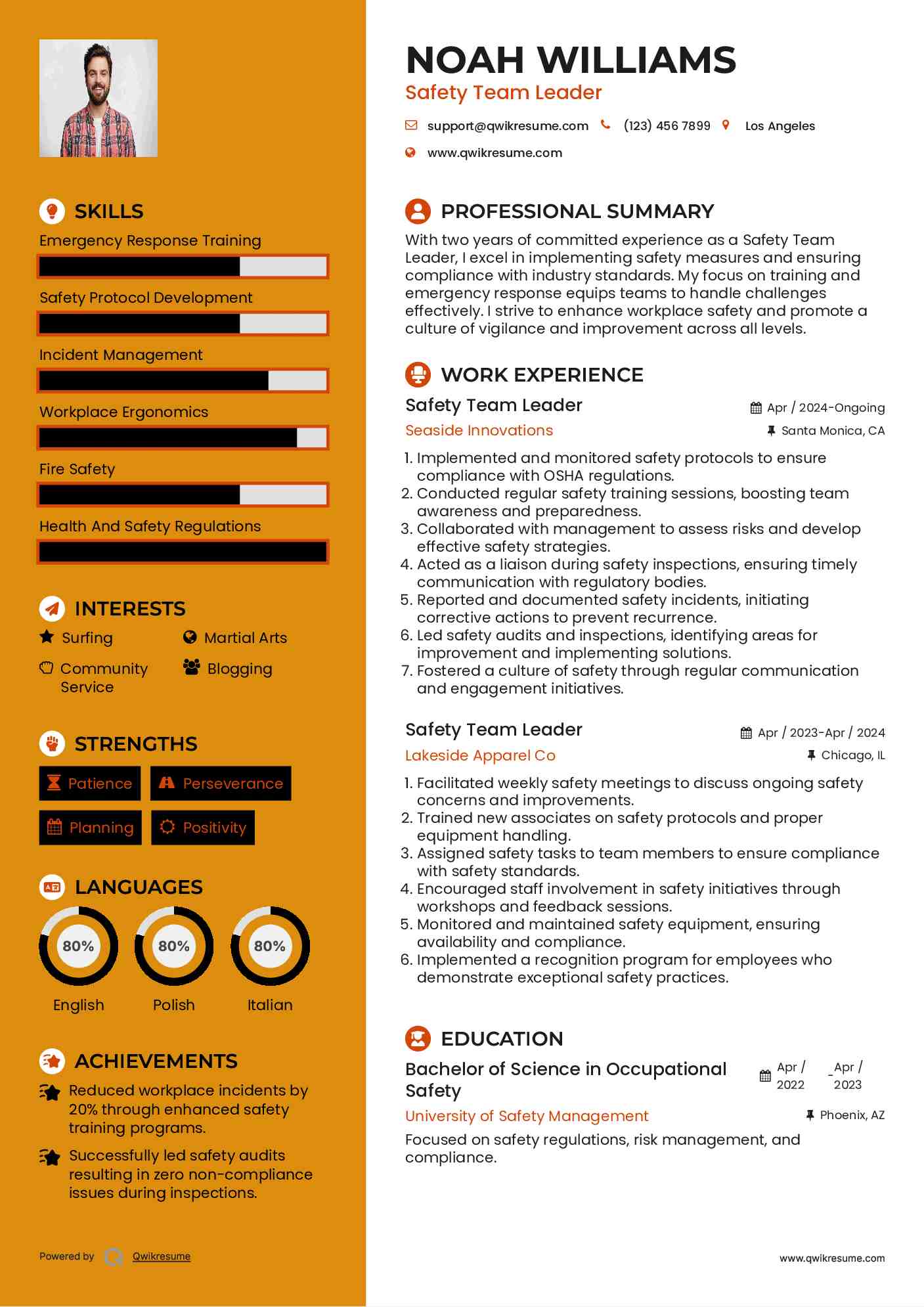 Safety Team Leader Resume Example