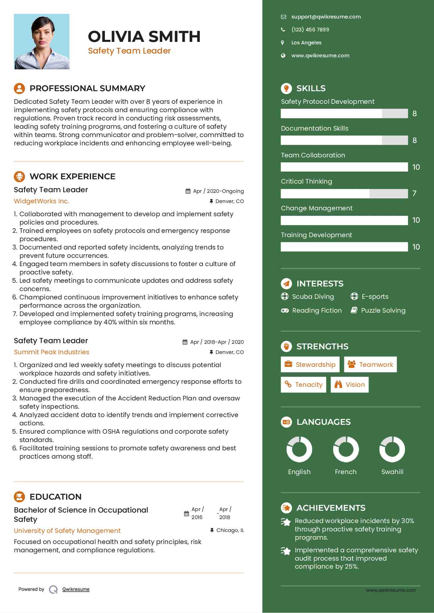 Safety Team Leader Resume Sample