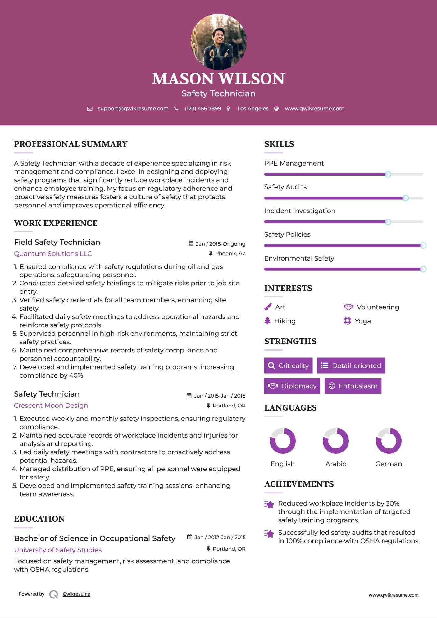 Field Safety Technician Resume Example