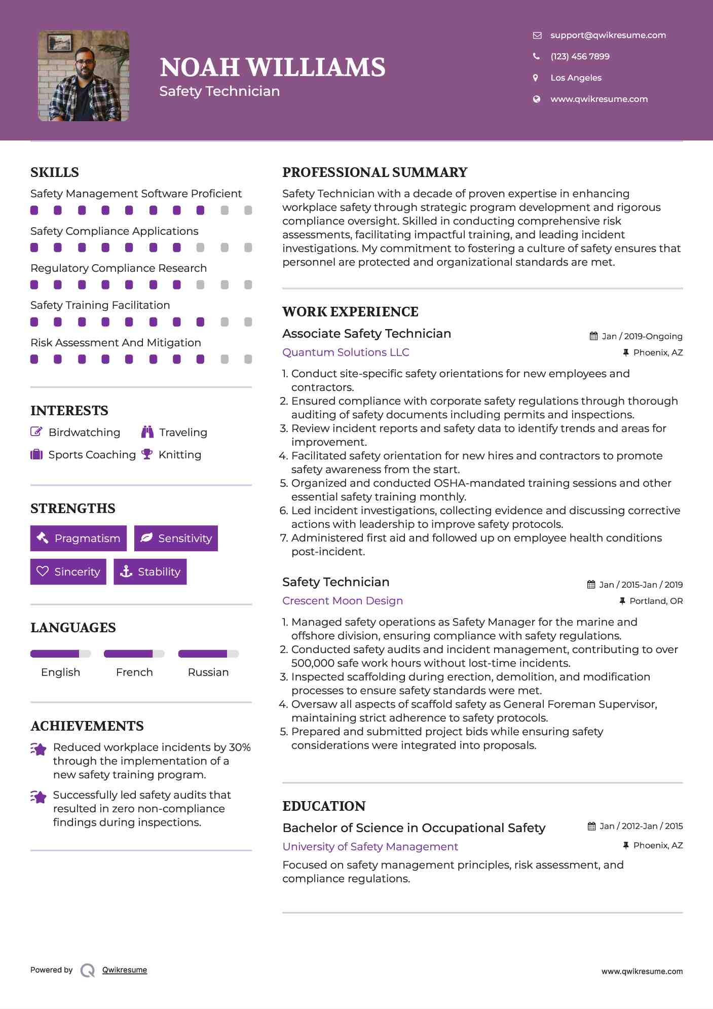 Associate Safety Technician Resume Sample