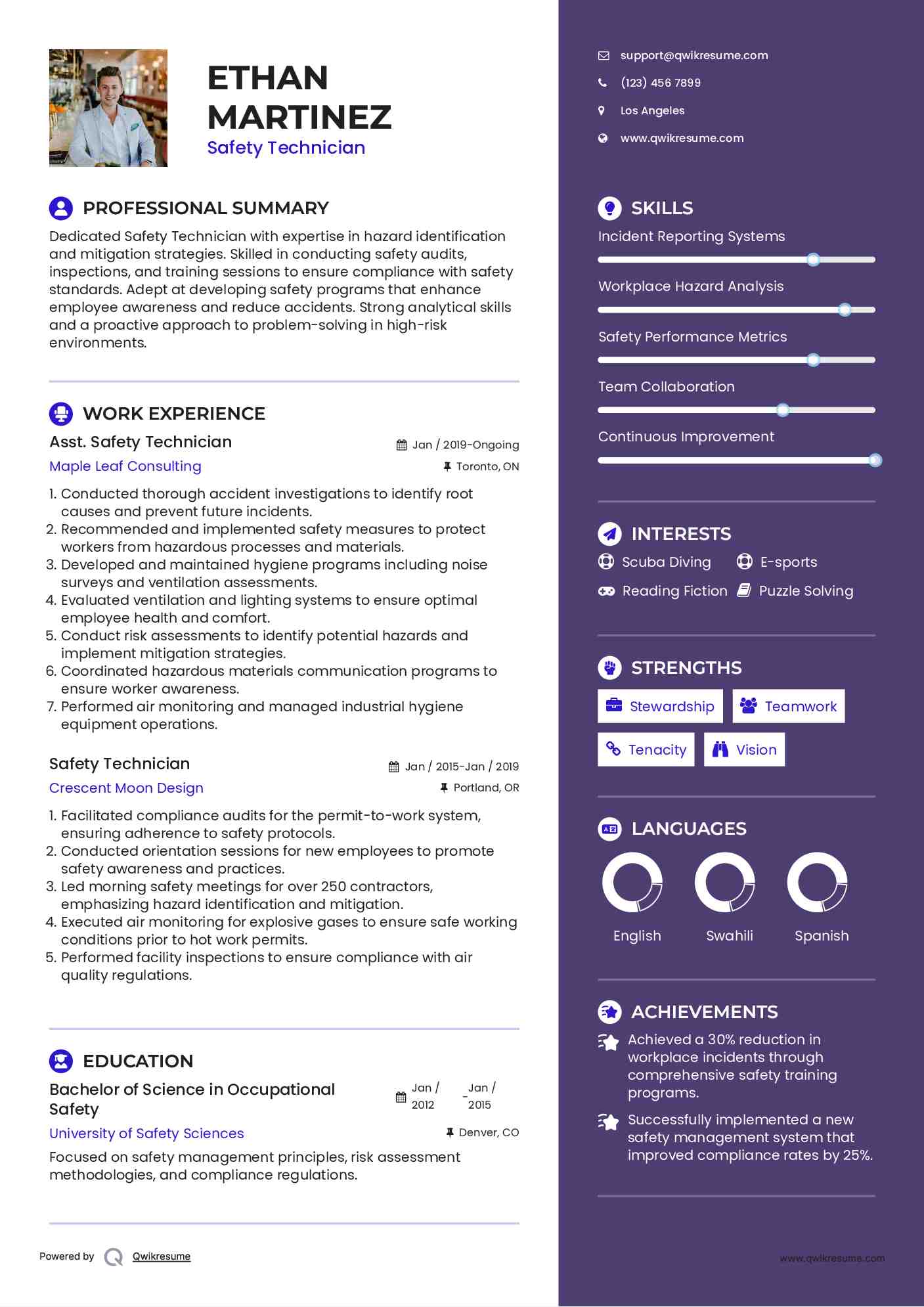 Asst. Safety Technician Resume Sample