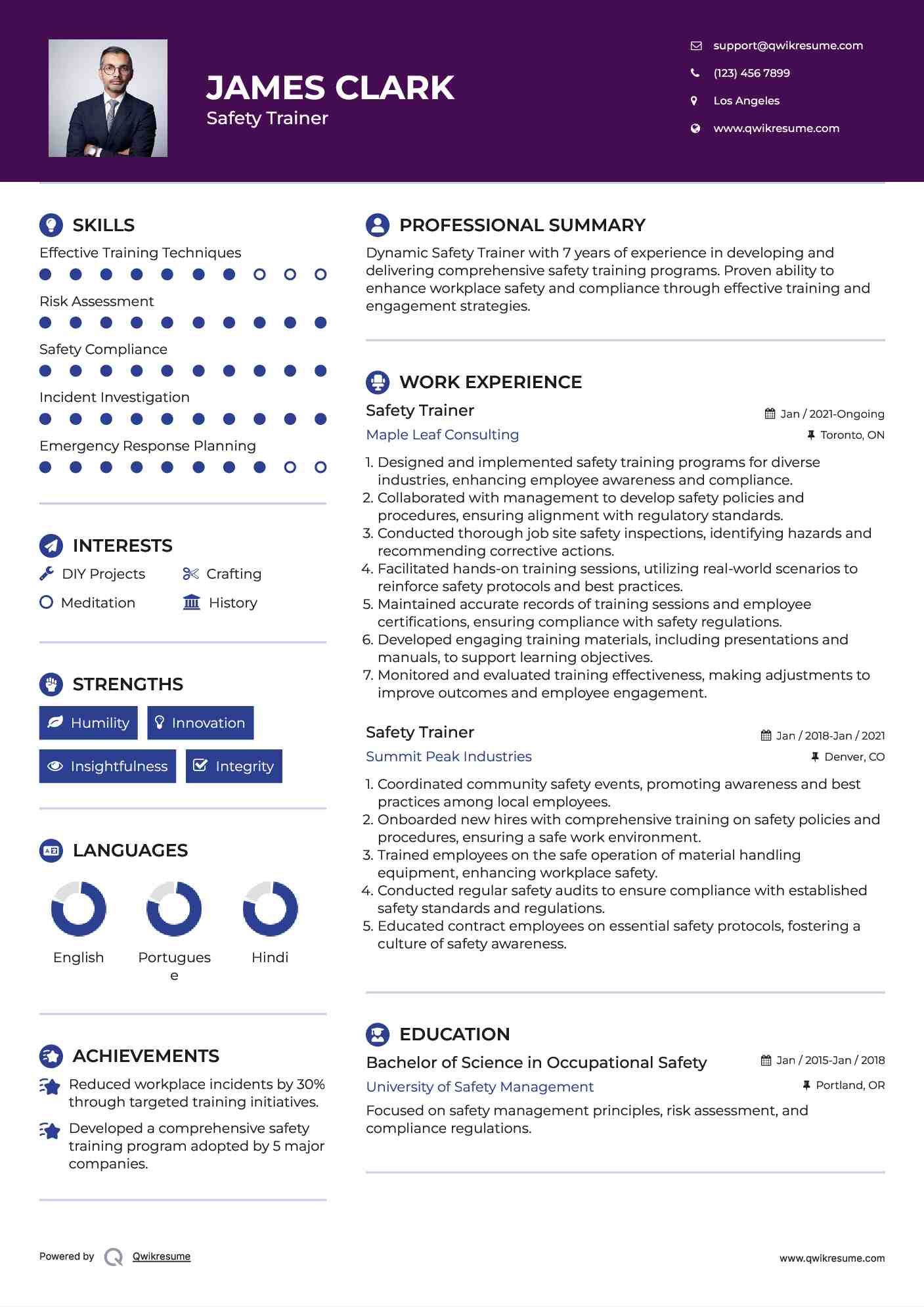 Safety Trainer Resume Example