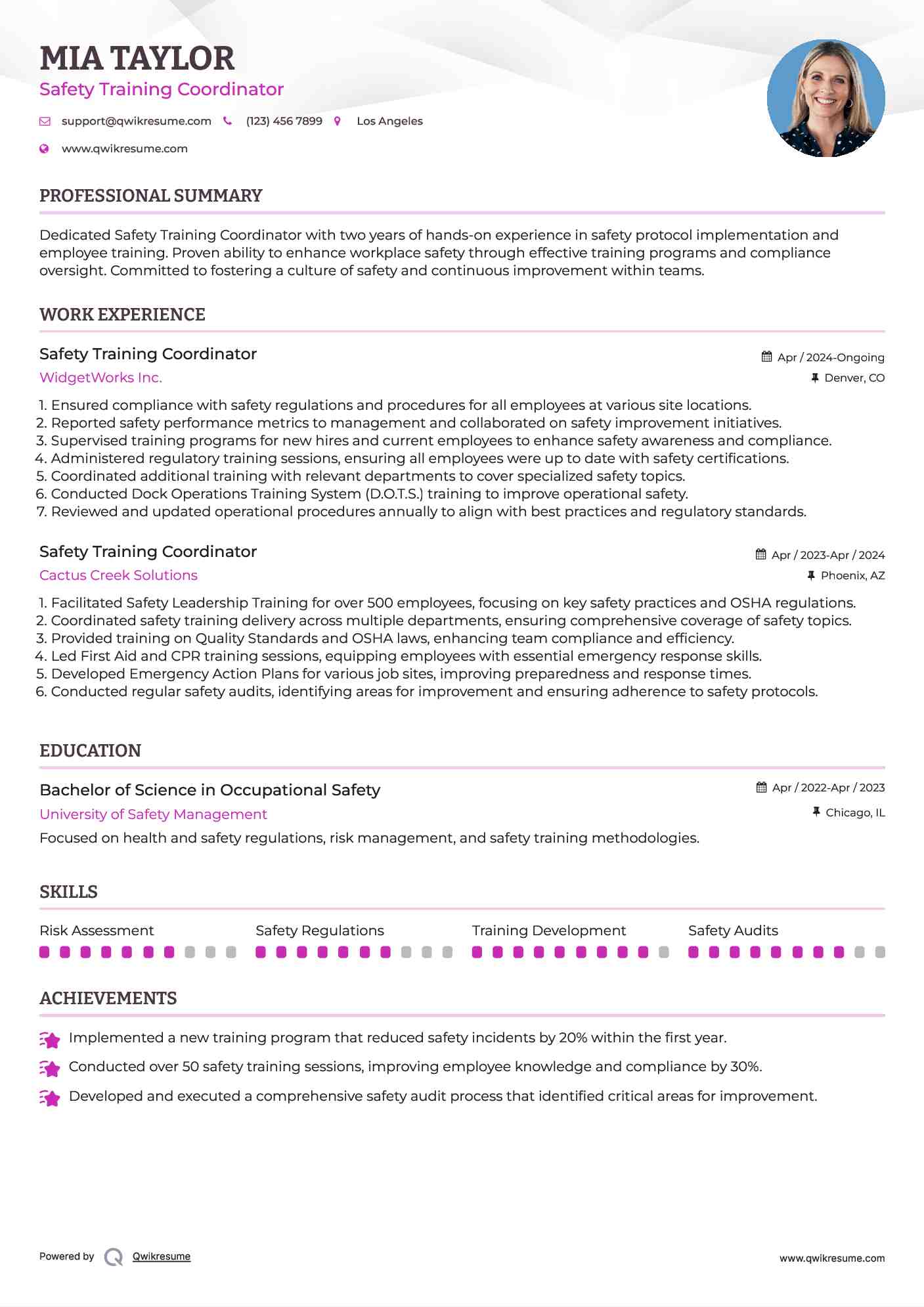 Safety Training Coordinator Resume Format