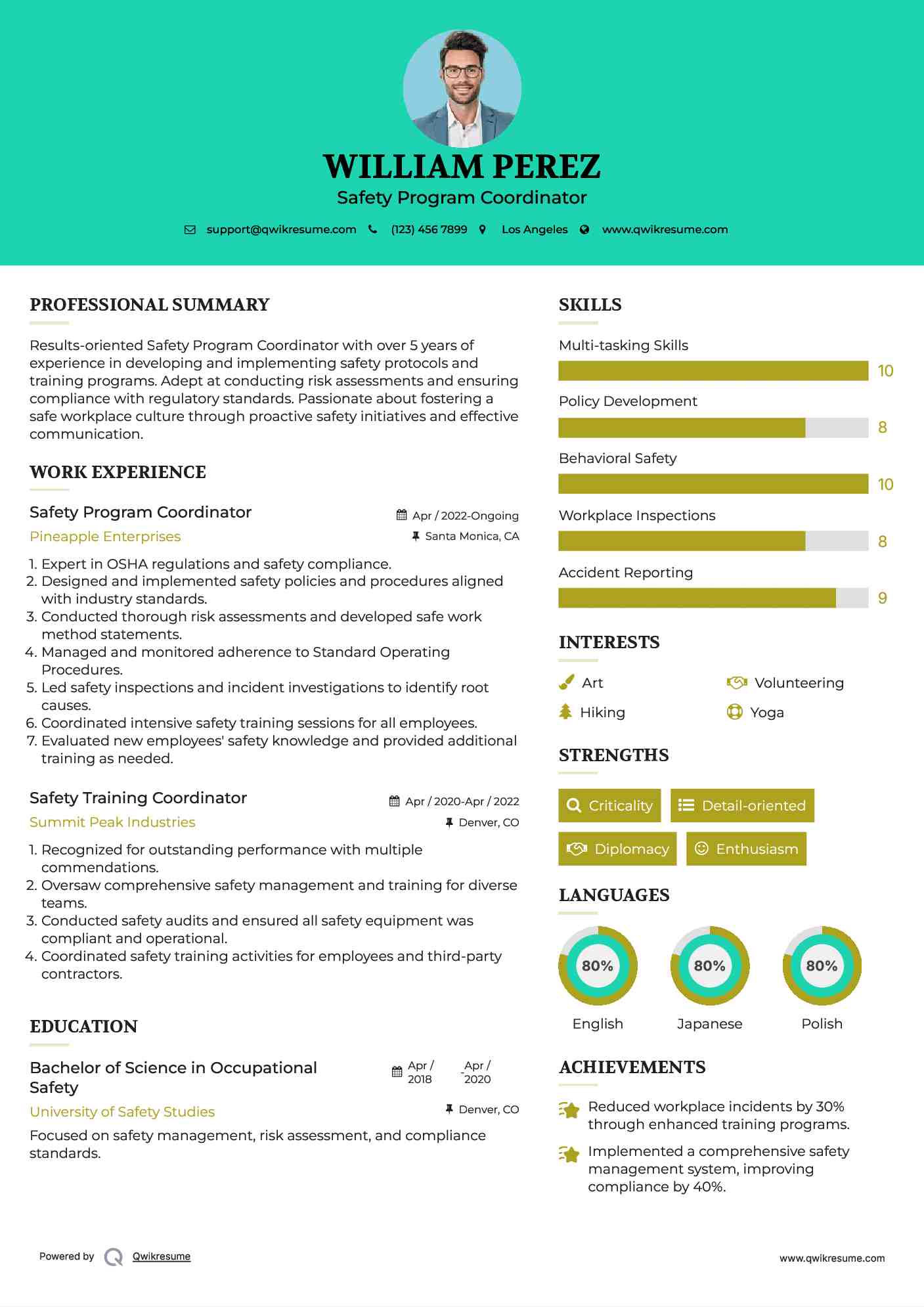 Safety Program Coordinator Resume Sample