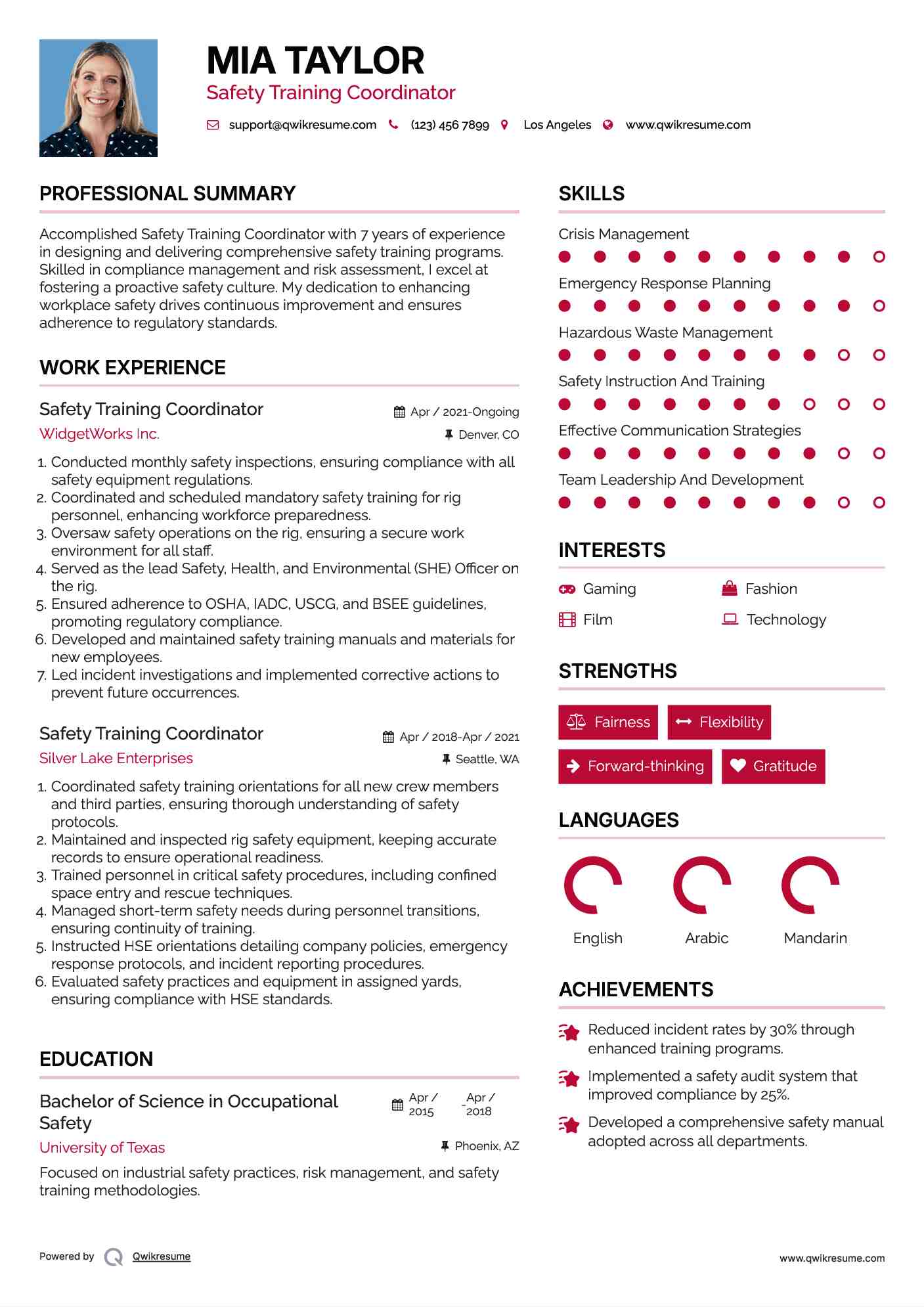 Safety Training Coordinator Resume Sample