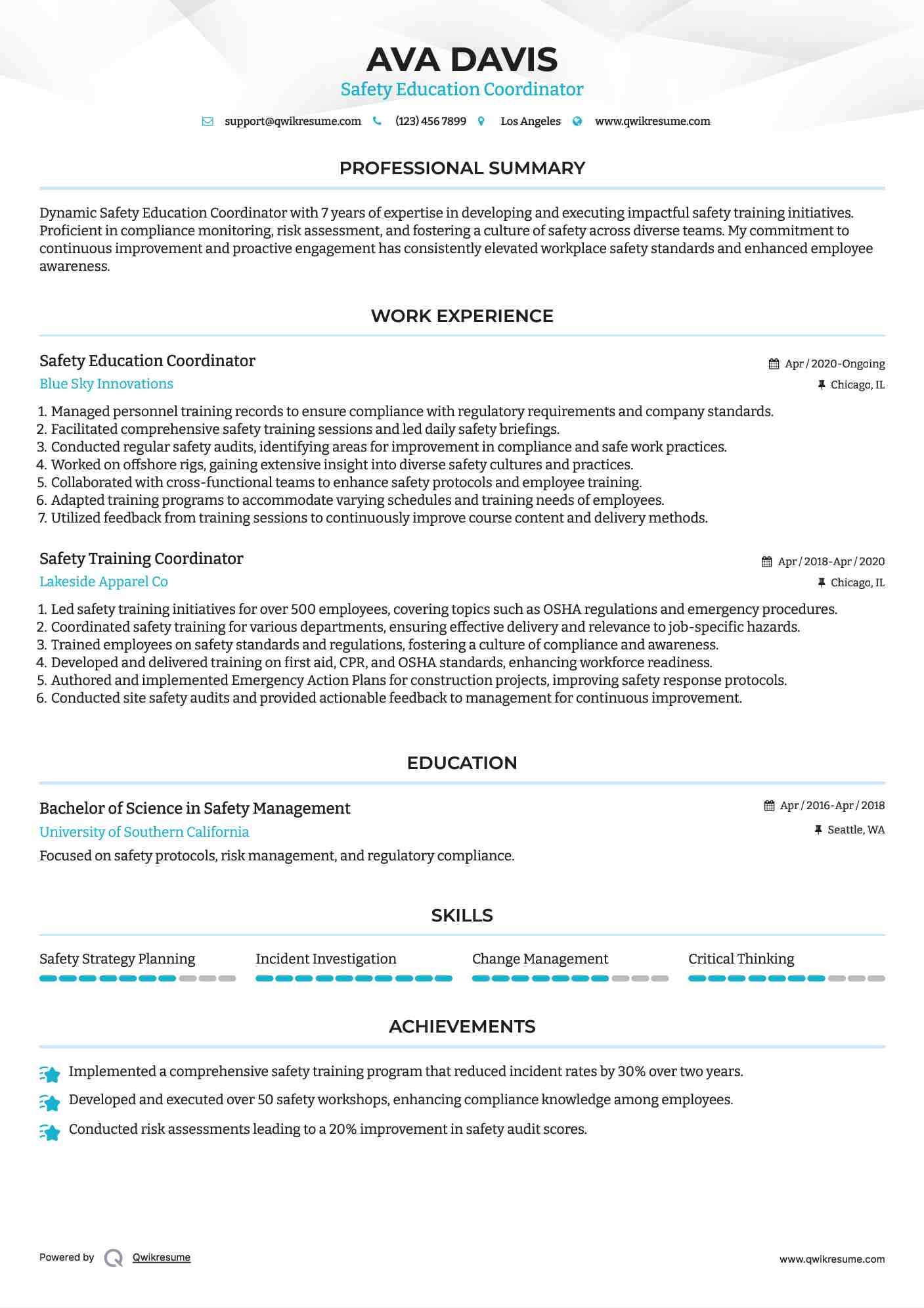 Safety Education Coordinator Resume Example